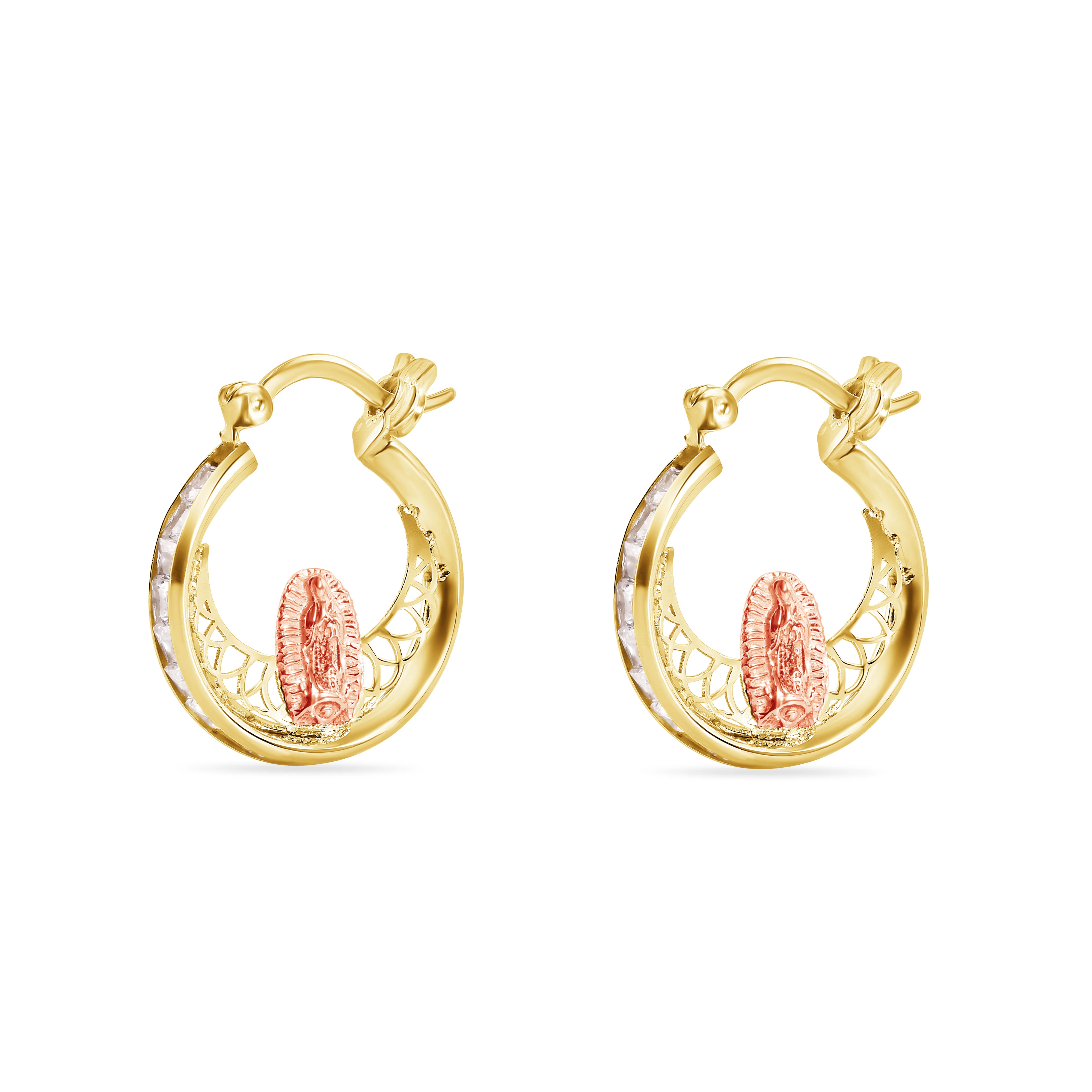 14E00456. - 14 Karat Yellow Gold 17.8mm Two Tone Hoop Studded Clear CZ Our Lady of Guadalupe Latch Box Earrings