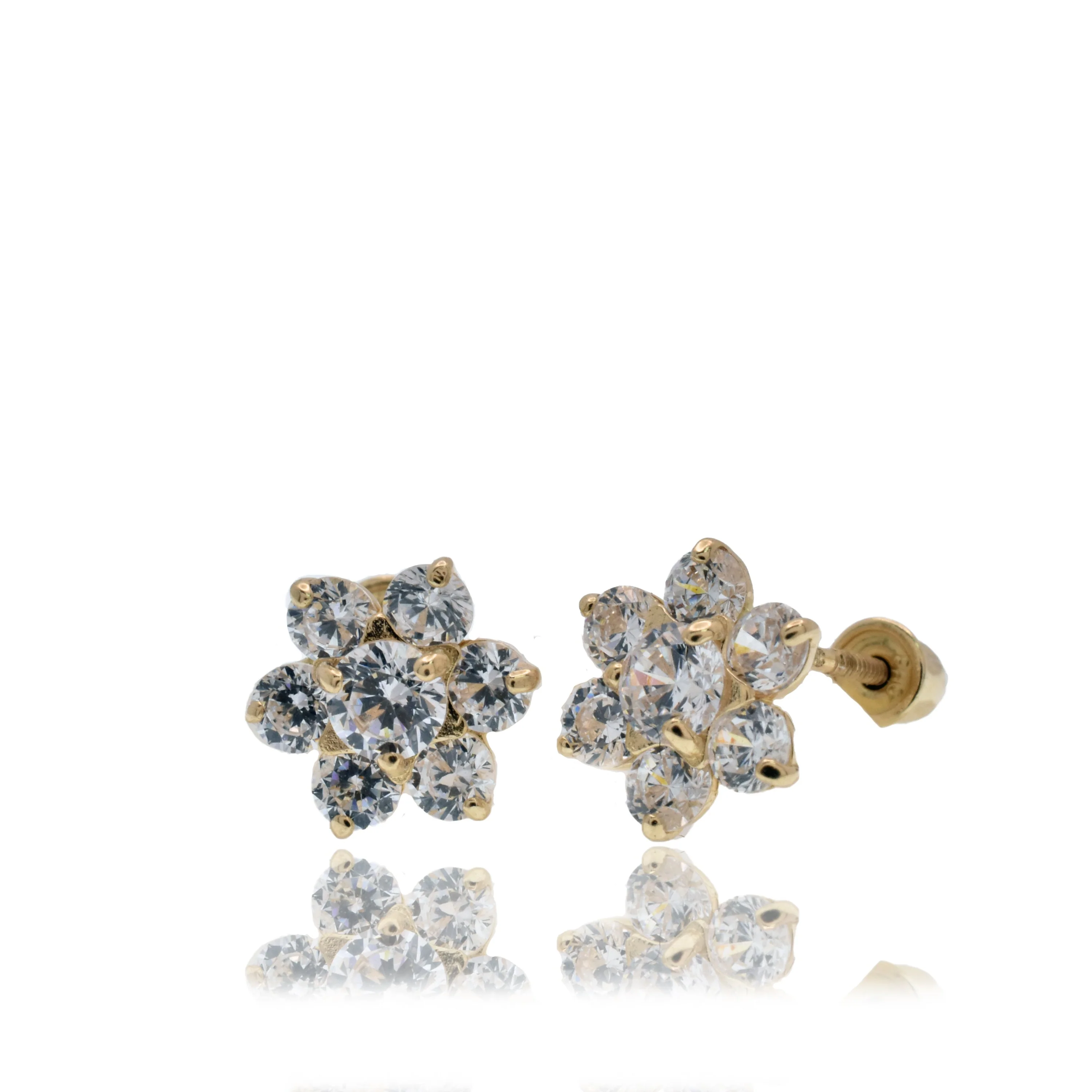 14E00467-CLR - 14 Karat Yellow Gold Flower Clear CZ 7.6mm Screw Back Earring