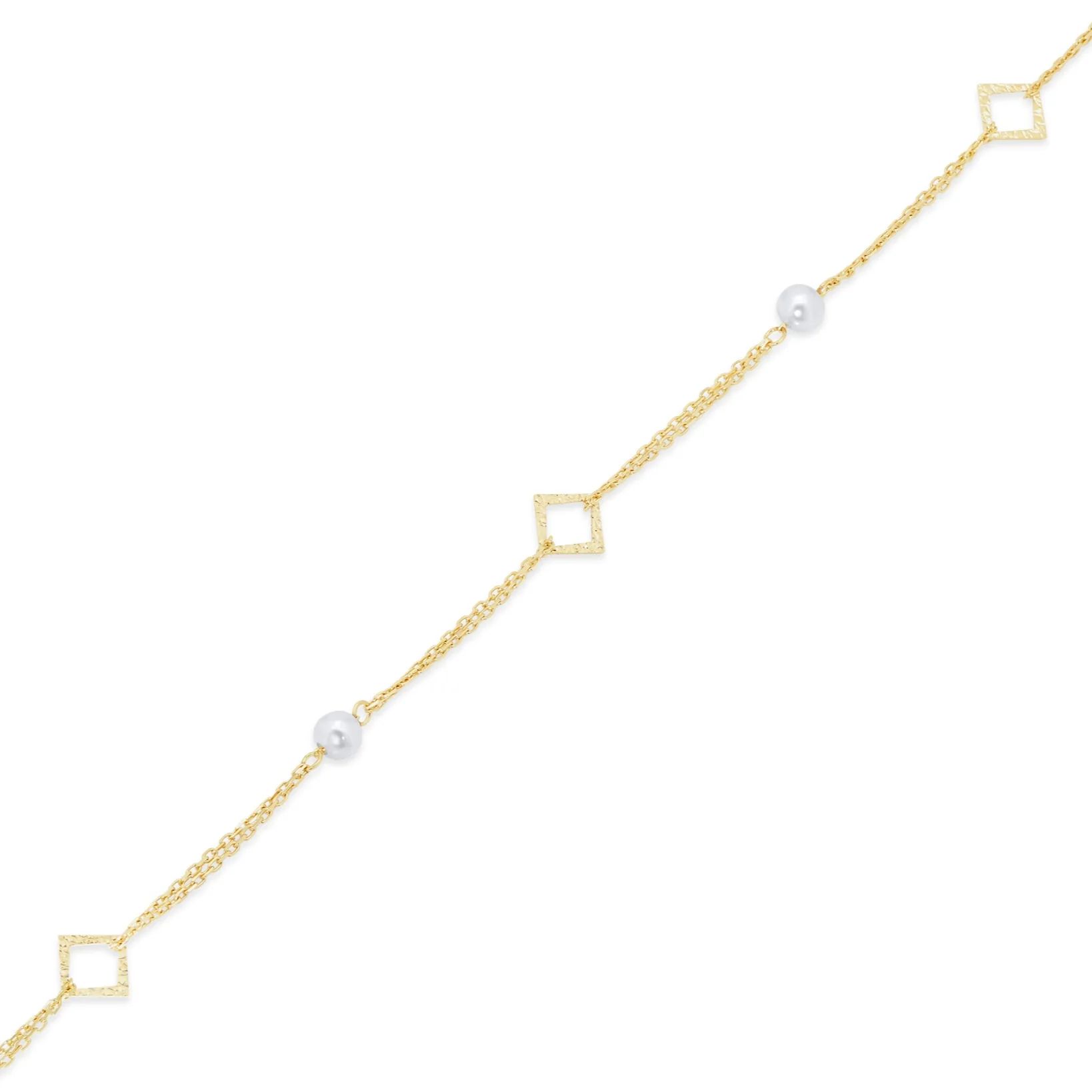 14KB0010. - 14 Karat Yellow Gold Fresh Water Pearl Diamond Cut Square Charms Adjustable Bracelet - Image 3