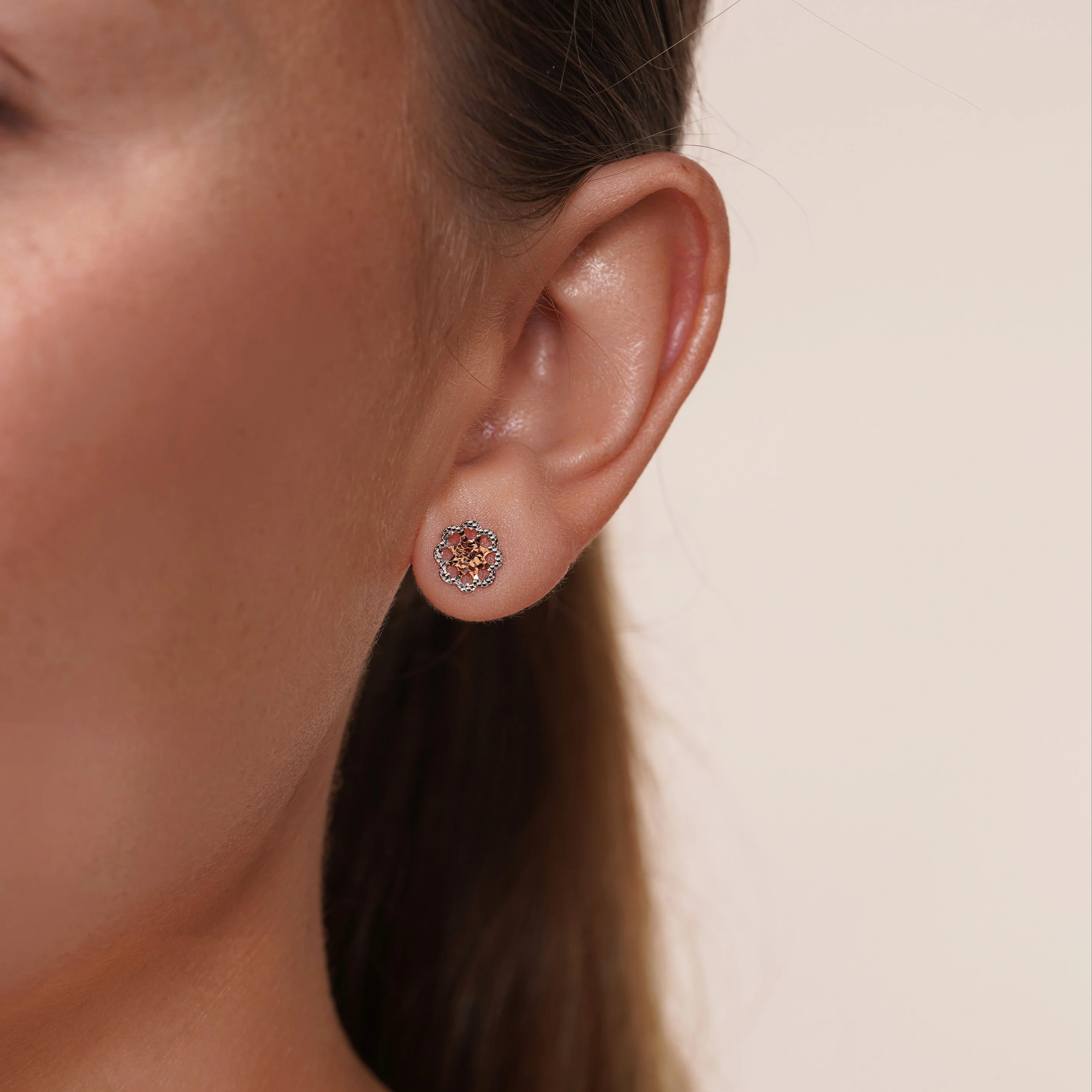 14KE0014. - 14 Karat White & Rose Beaded & Gold Diamond Cut Flower Earrings - Image 2