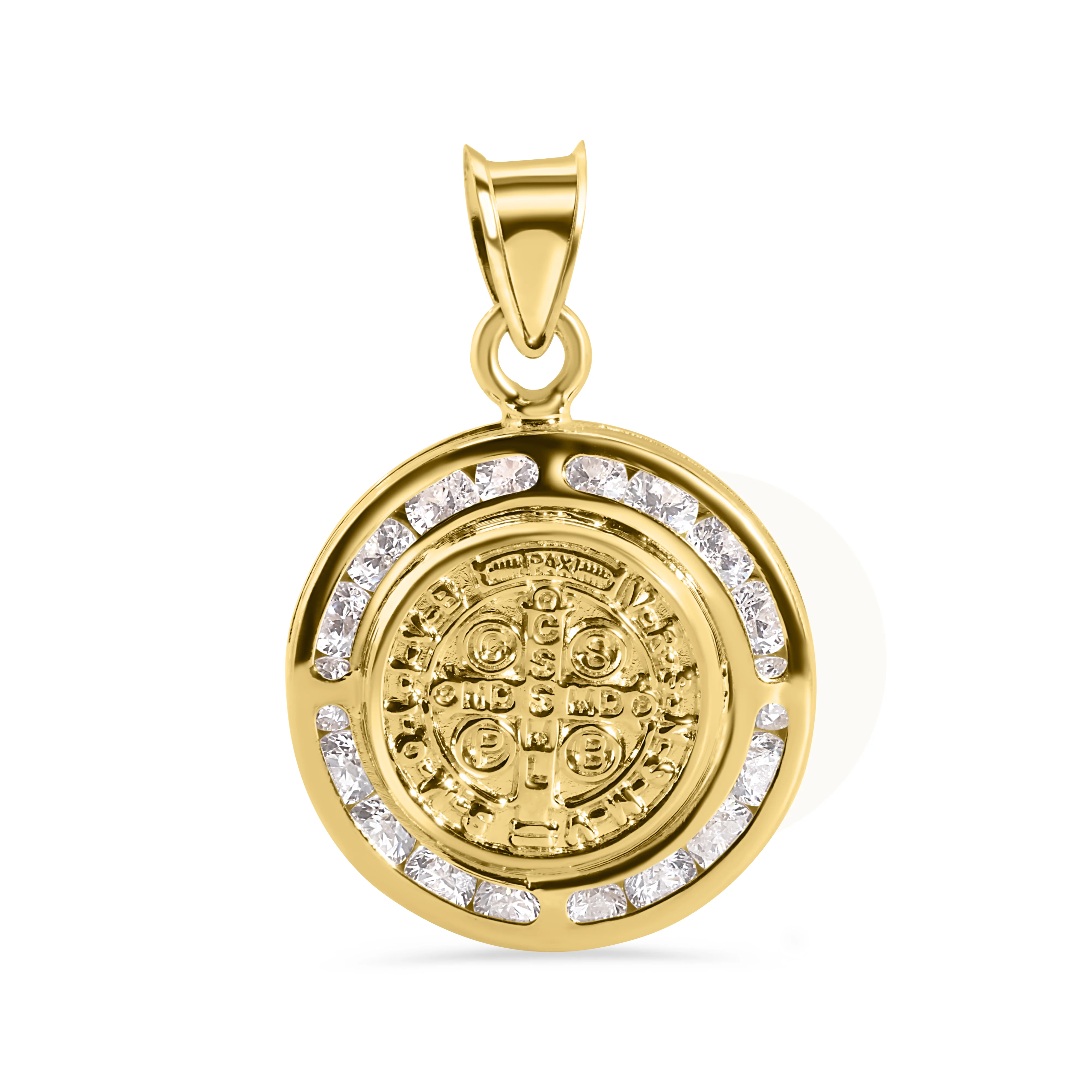 14P00131. - 14 Karat Yellow Gold Round Saint Benedict Medal Prayer Clear CZ 16.6mm Pendant - Image 2