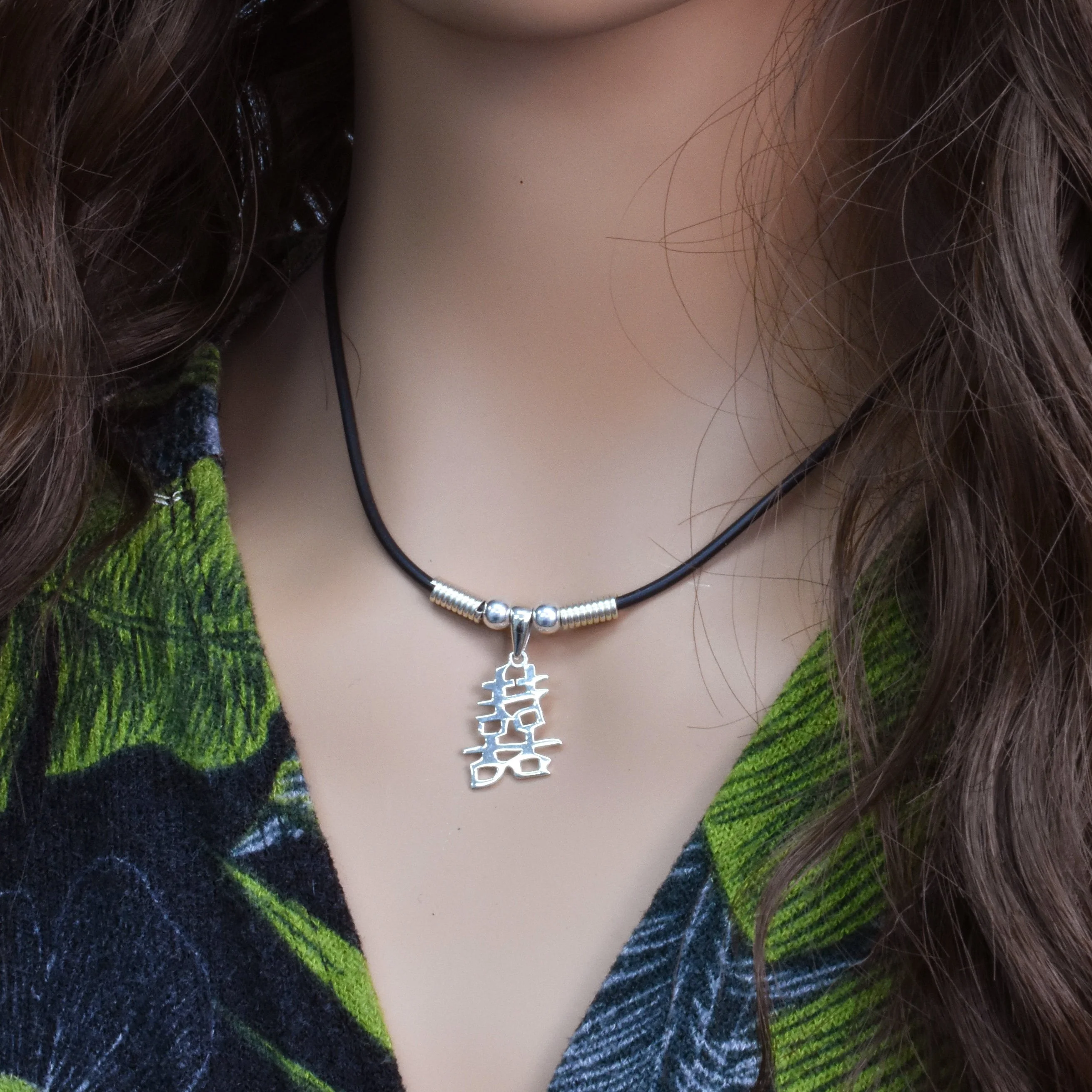 925 Sterling Silver Chinese Character Double Happiness Rubber Necklace- SPN00002 - Image 2