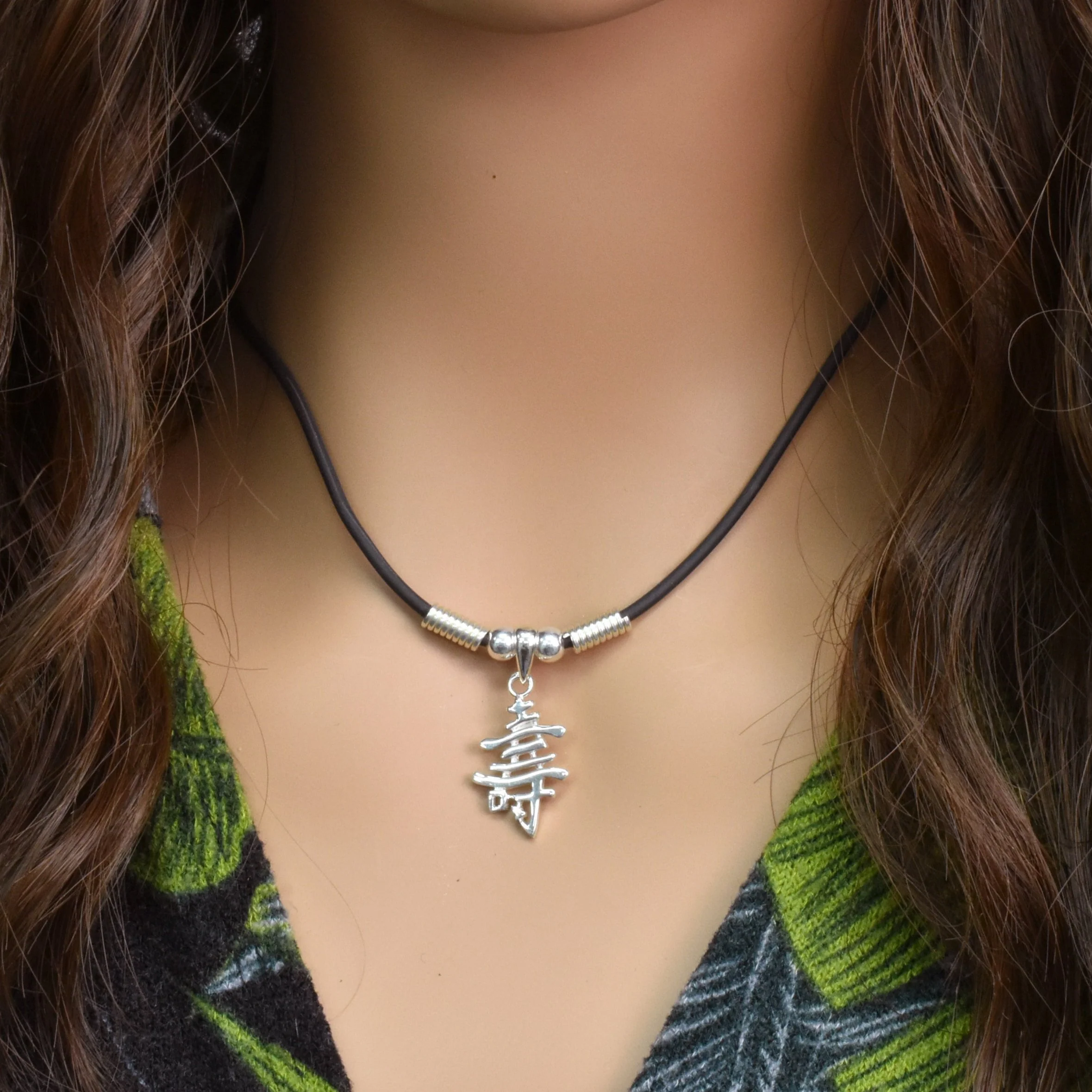 925 Sterling Silver Chinese Character Long Life Rubber Necklace- SPN00004 - Image 2