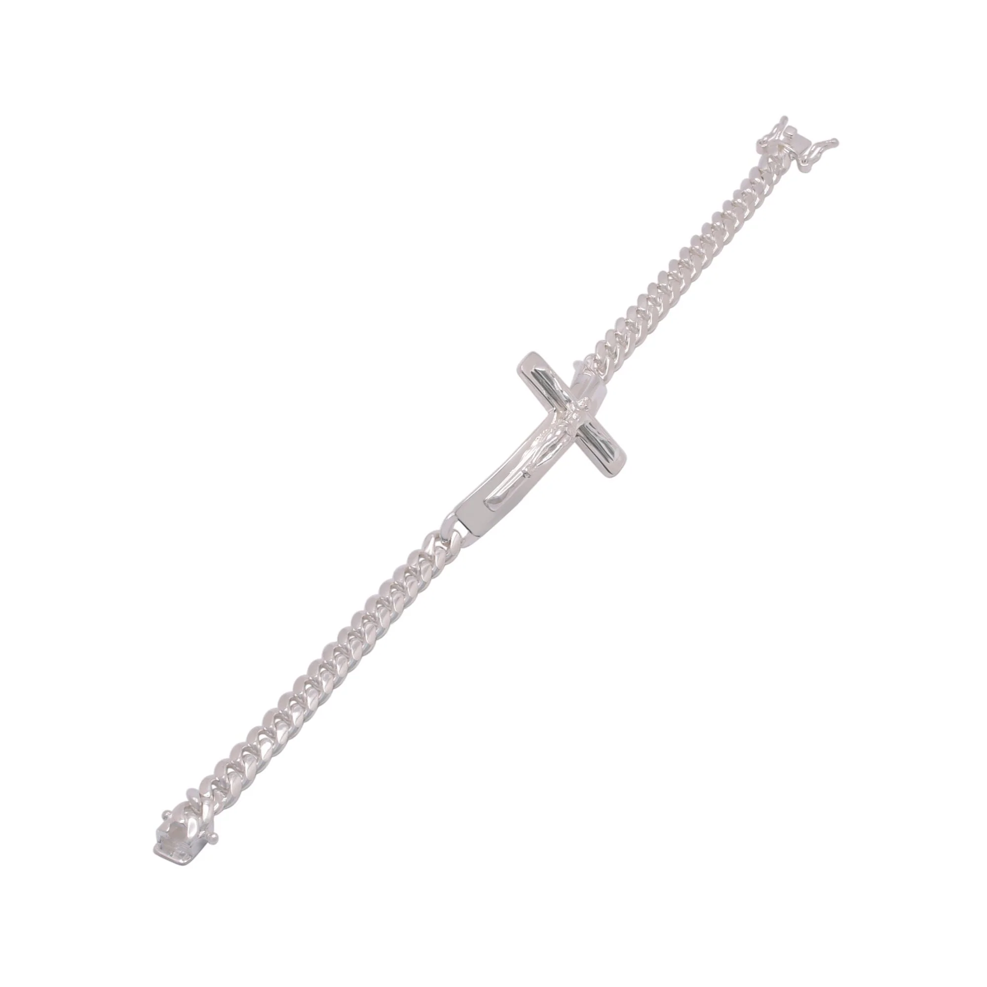 925 Sterling Silver Curb 6.1mm Jesus Christ Cross Bracelet - CDIB00015