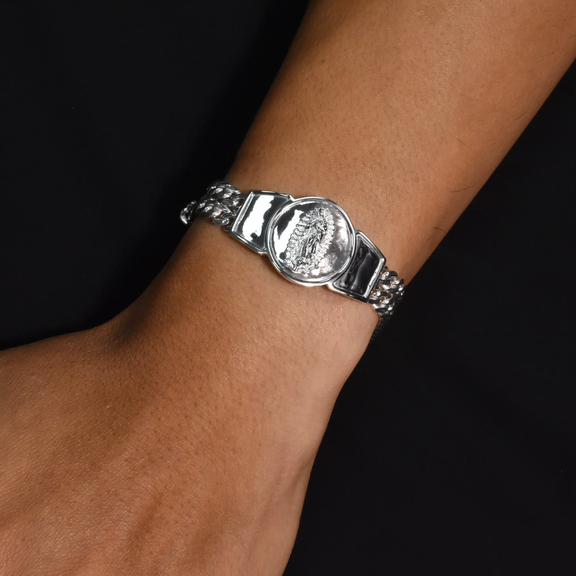 925 Sterling Silver Curb Two Strand Our Lady of Guadalupe 12.4mm Bracelet - CDIB00021 - Image 4