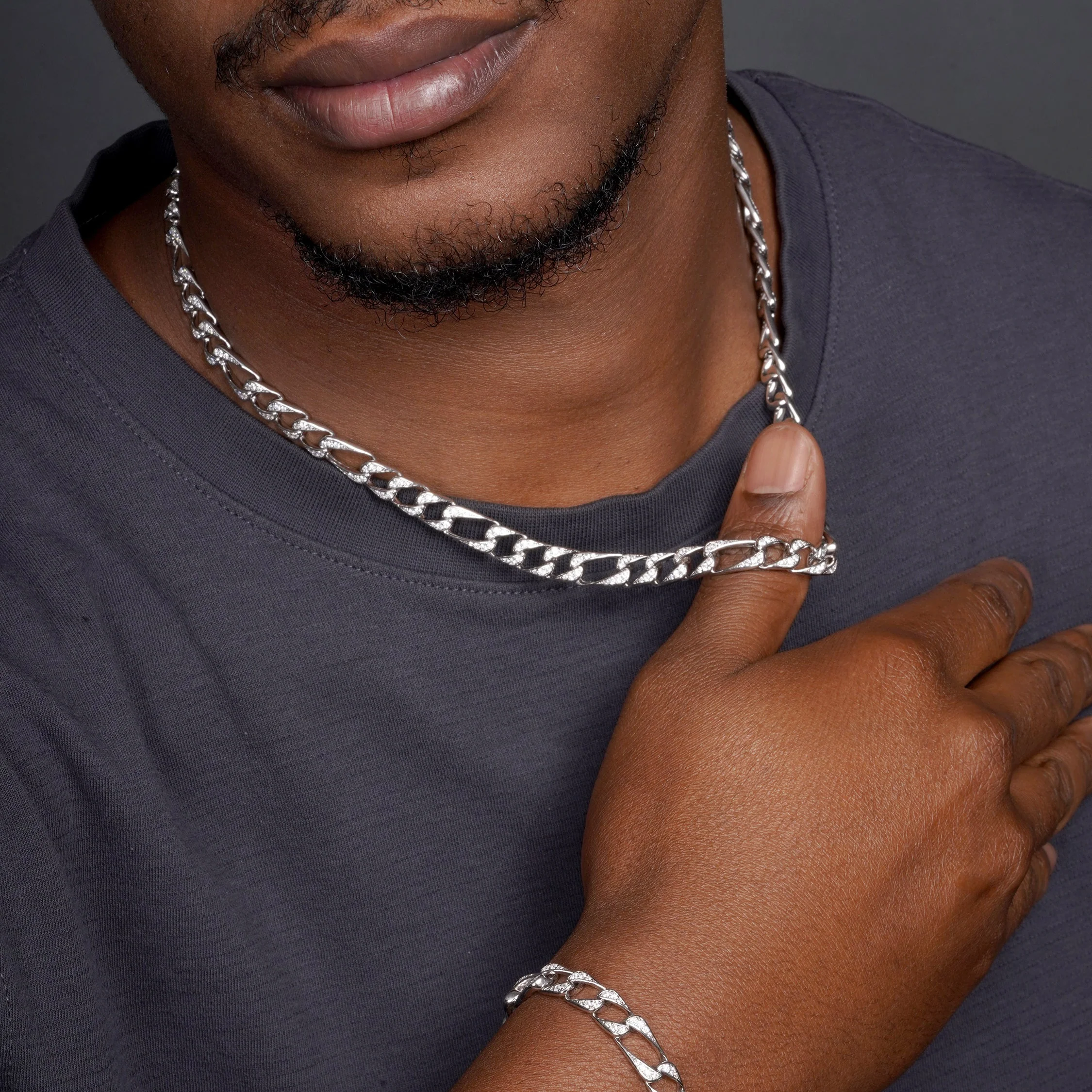 925 Sterling Silver CZ Encrusted Figaro Chain or Bracelet - Image 7