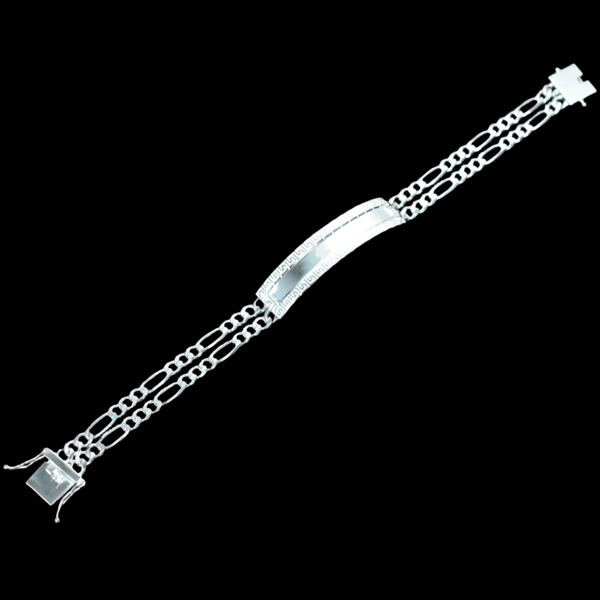 925 Sterling Silver Two Strand Figaro 9.2mm Greek Key ID Bracelet - CDIB00011 - Image 2
