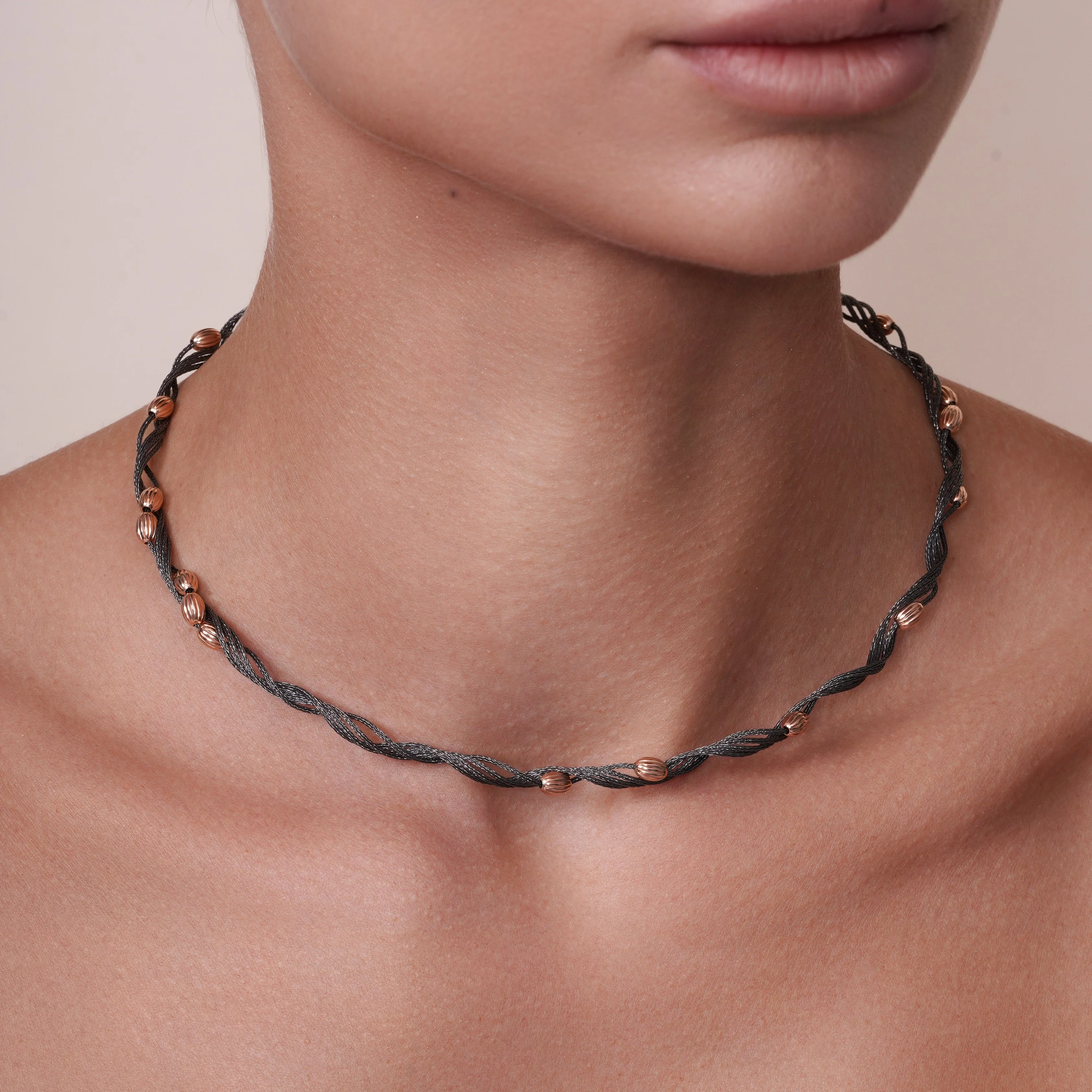 Black Rhodium Plated Sterling Silver with Rose Oval Beads Twisted Italian Necklace - SPN00038 - Image 2
