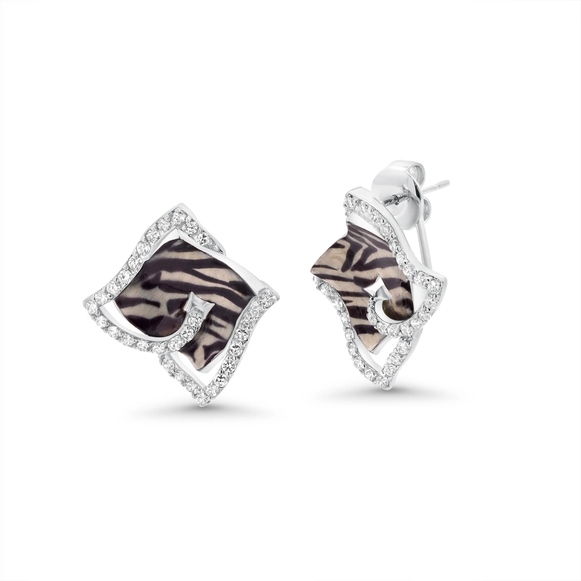 Clearance-Silver 925 Rhodium Plated Zebra Stripe Print Square Clear CZ French Clip Earring and Necklace Set - BGS00086 - Image 5