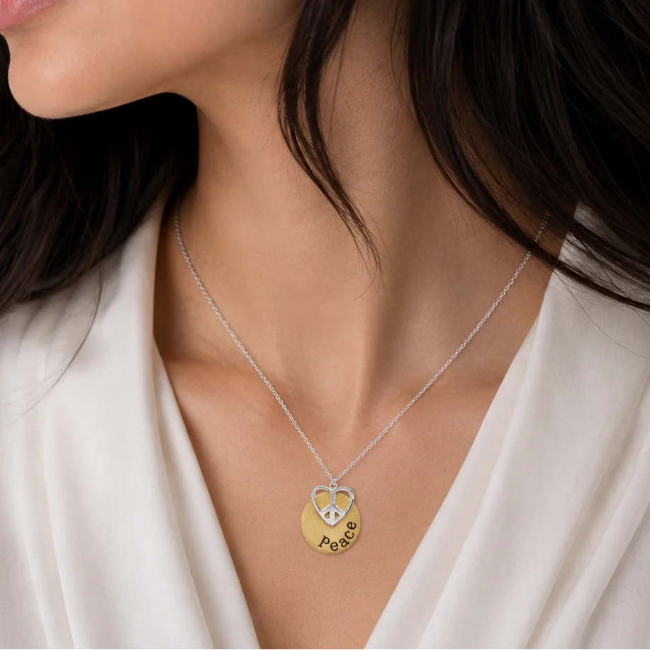 Clearance - Two-Tone 925 Sterling Silver Peace Heart & Oval Disc Pendant Necklace - STP00870 - Image 2