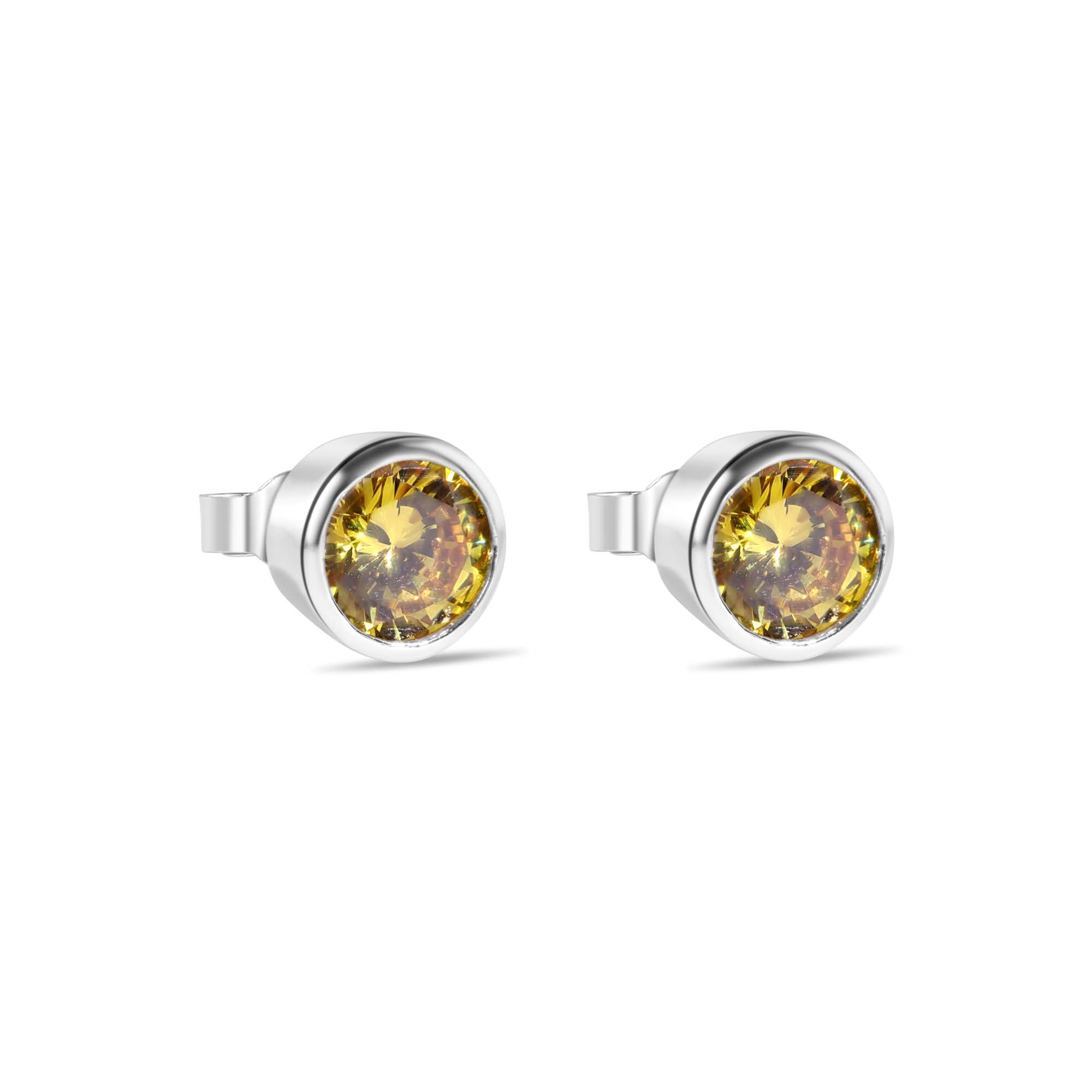 Clearance-Rhodium Plated 925 Sterling Silver Round Yellow Citrine CZ Earrings - STEM133 - Image 2