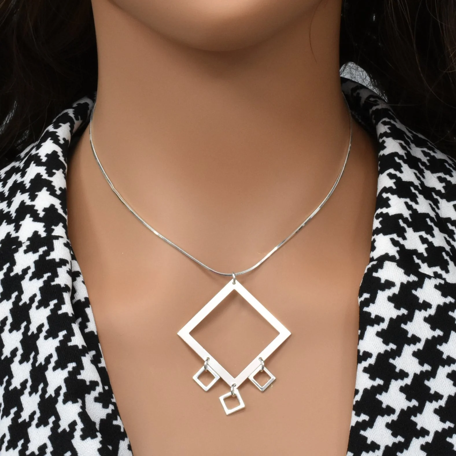 High Polish 925 Sterling Silver Multi Square Dangle Necklace- SPN00016 - Image 2