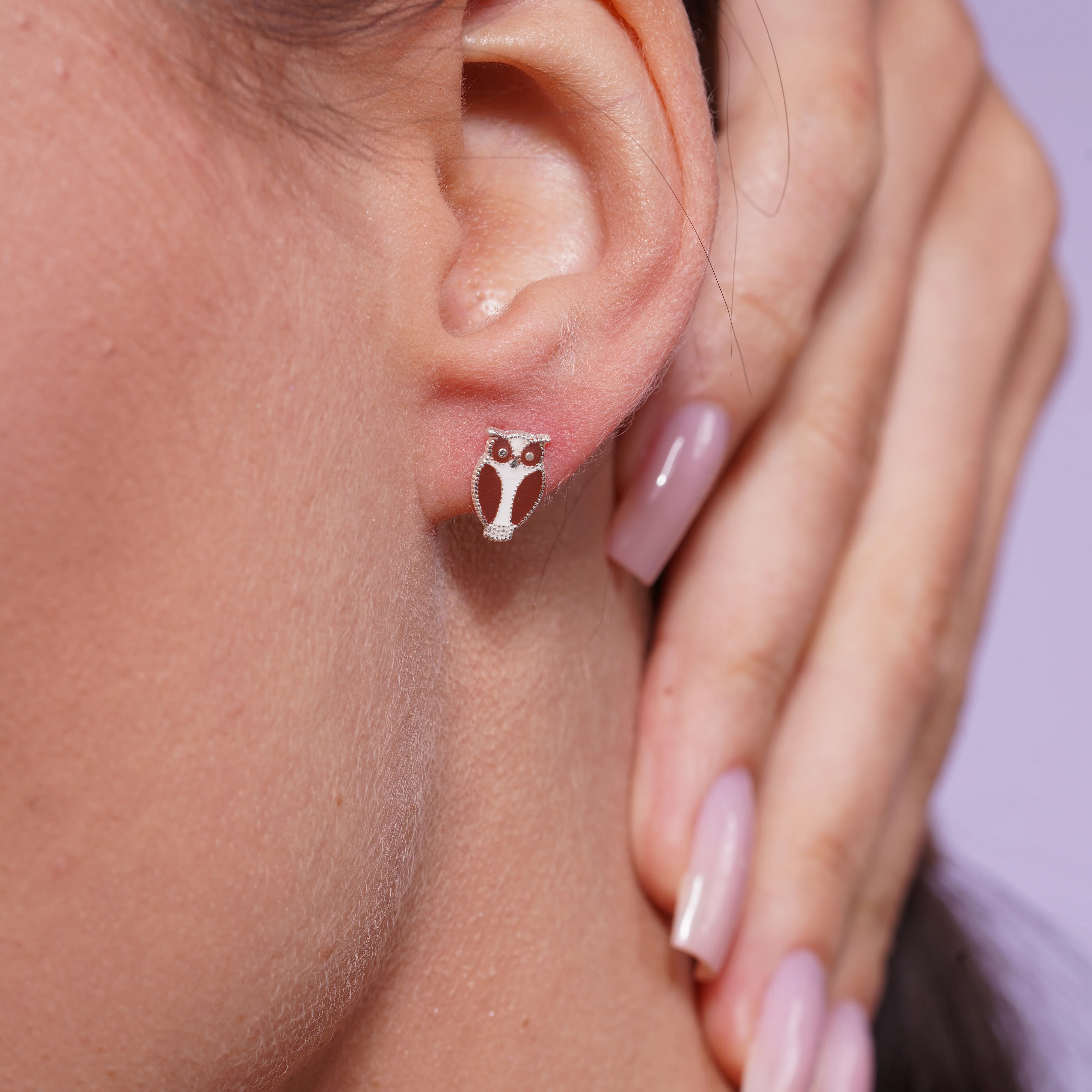 High Polished 925 Silver Enamel Owl Earrings- SIL00018 - Image 2