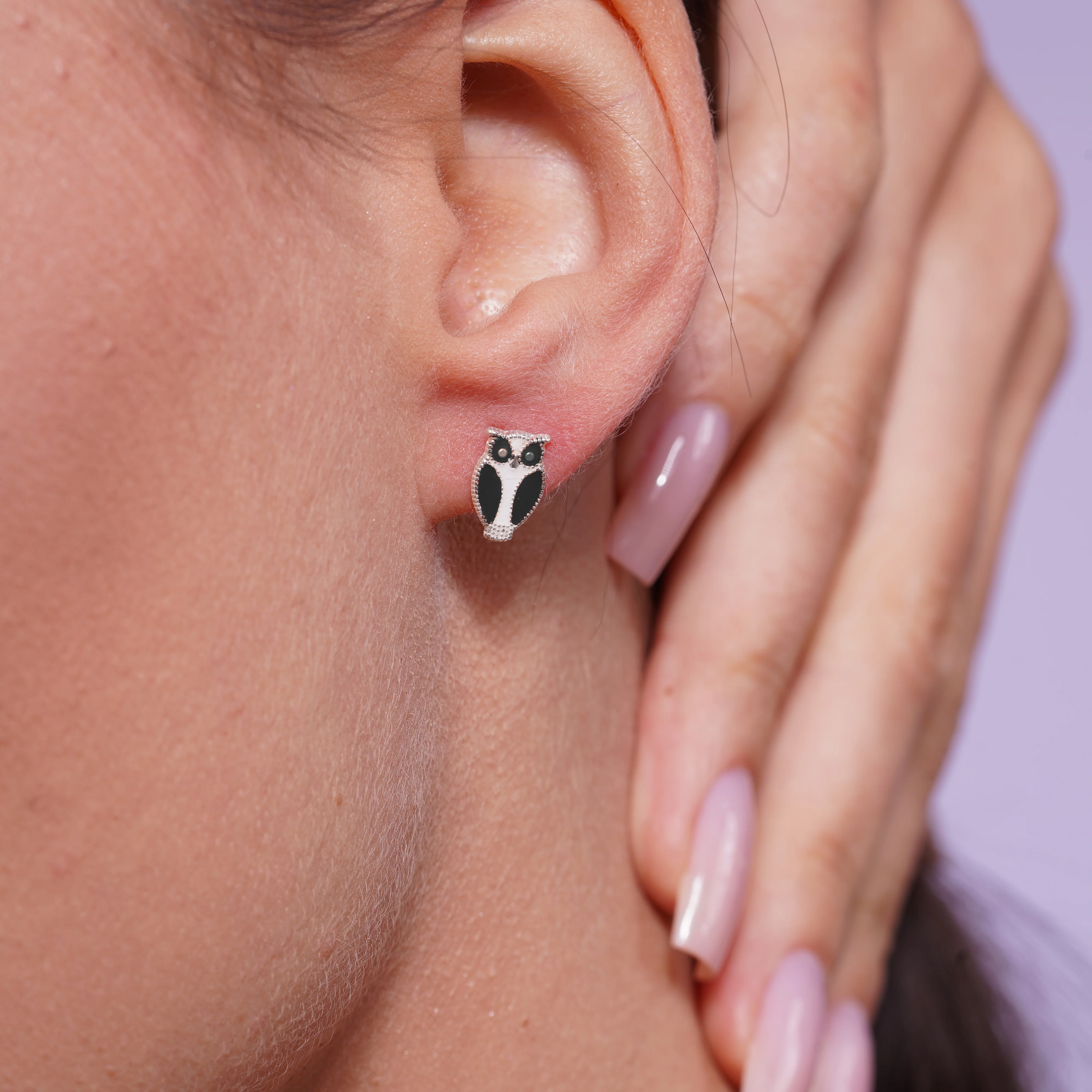 High Polished 925 Silver Enamel Owl Earrings- SIL00018 - Image 4