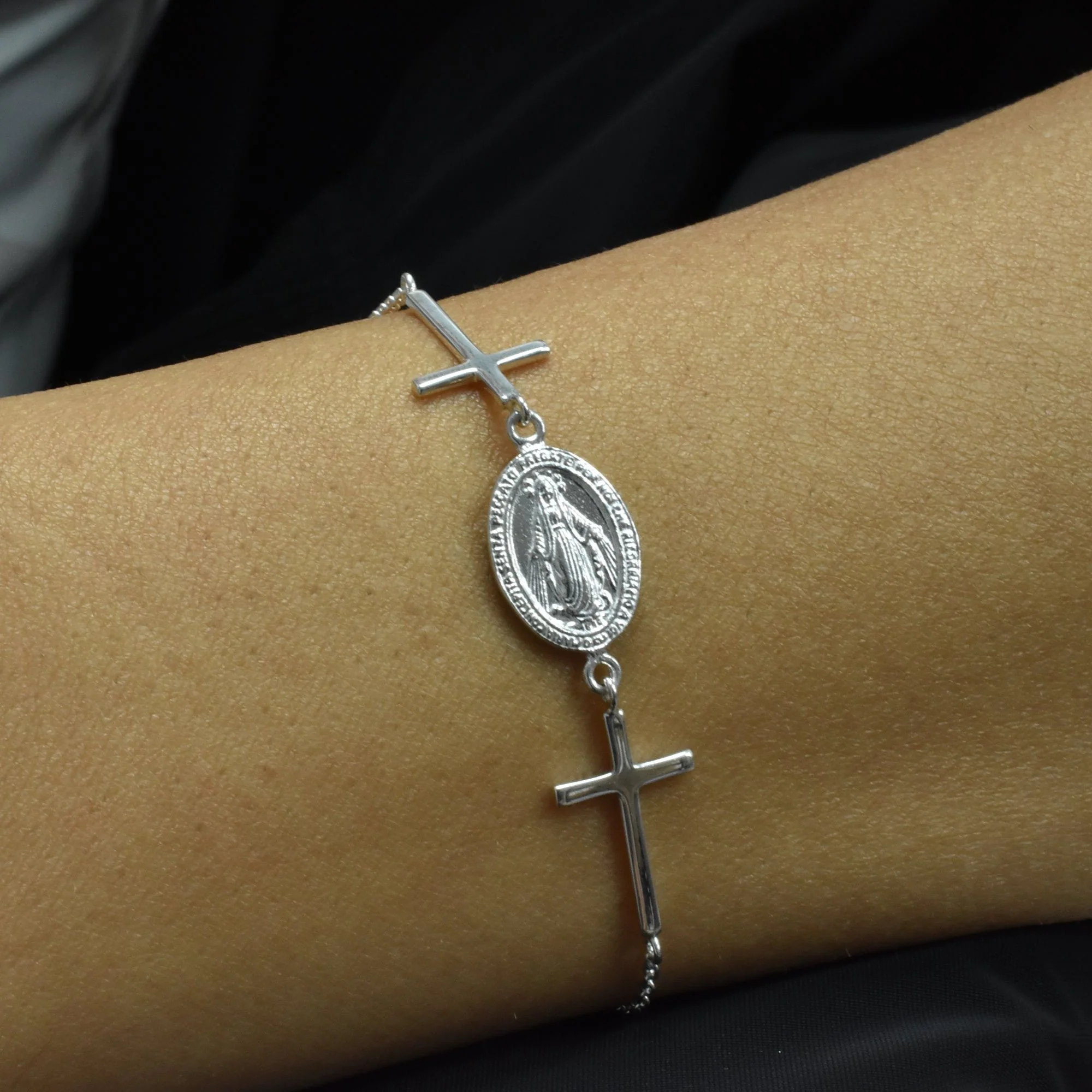 High Polished 925 Sterling Silver Maria Concepita Miraculous Medaland Cross Adjustable Bracelet - DIB00082 - Image 2