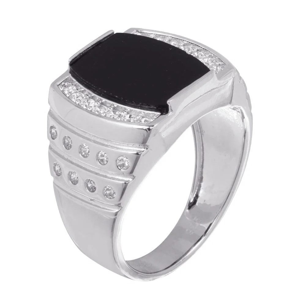 Rhodium Plated 925 Sterling Silver Men's Flat Oval Onyx Ring with CZ - GMR00255RH - Image 2
