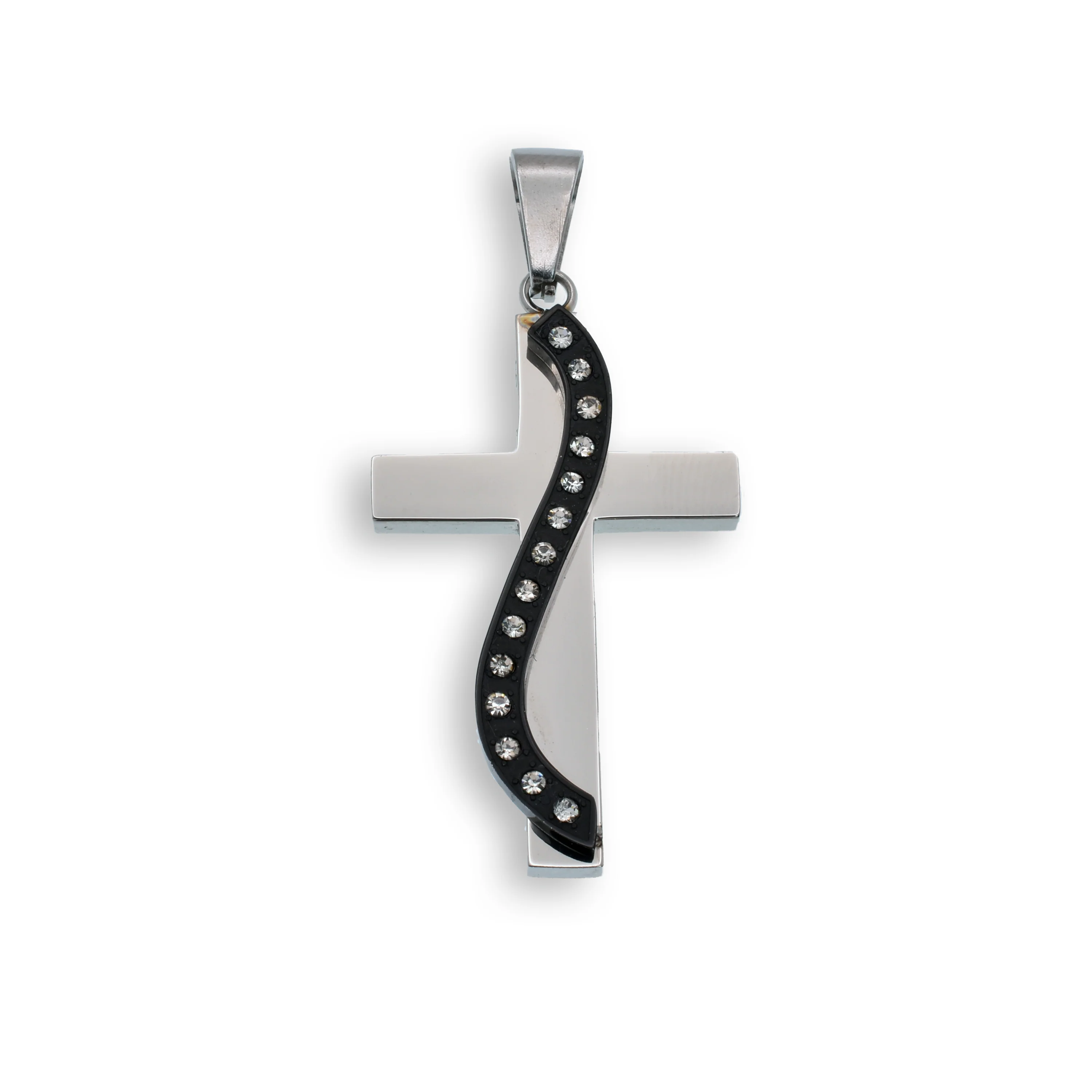 Rhodium & Black Plated Stainless Steel CZ Sash Cross Pendant - SSP00372