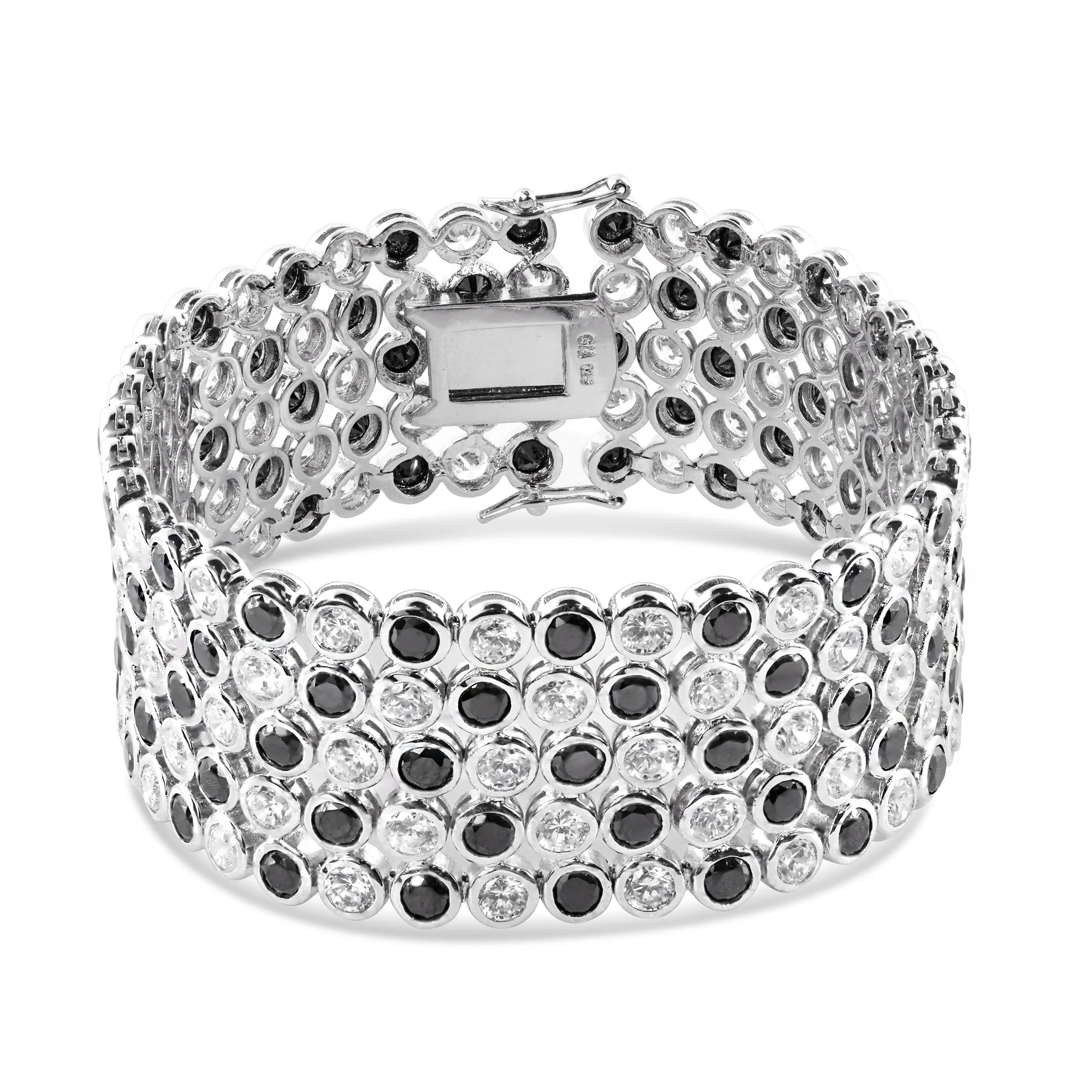 Rhodium Plated 925 Sterling Silver 5 Row Round Blk & Clear Bubble Bracelet - STBM00043
