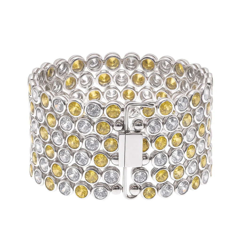 Rhodium Plated 925 Sterling Silver 5 Row Round Blk & Clear Bubble Bracelet - STBM00043 - Image 3