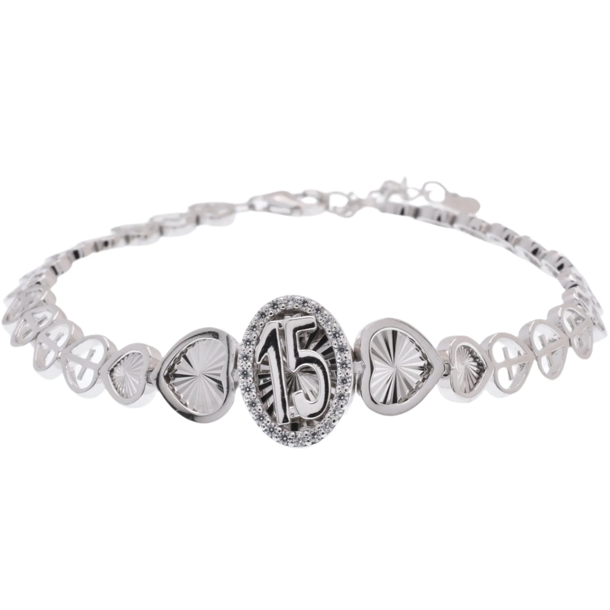 Rhodium Plated 925 Sterling Silver 6.9mm Quinceañera Clear CZ Diamond Cut Heart Cross Chain Adjustable Bracelet - GMB00141 - Image 2