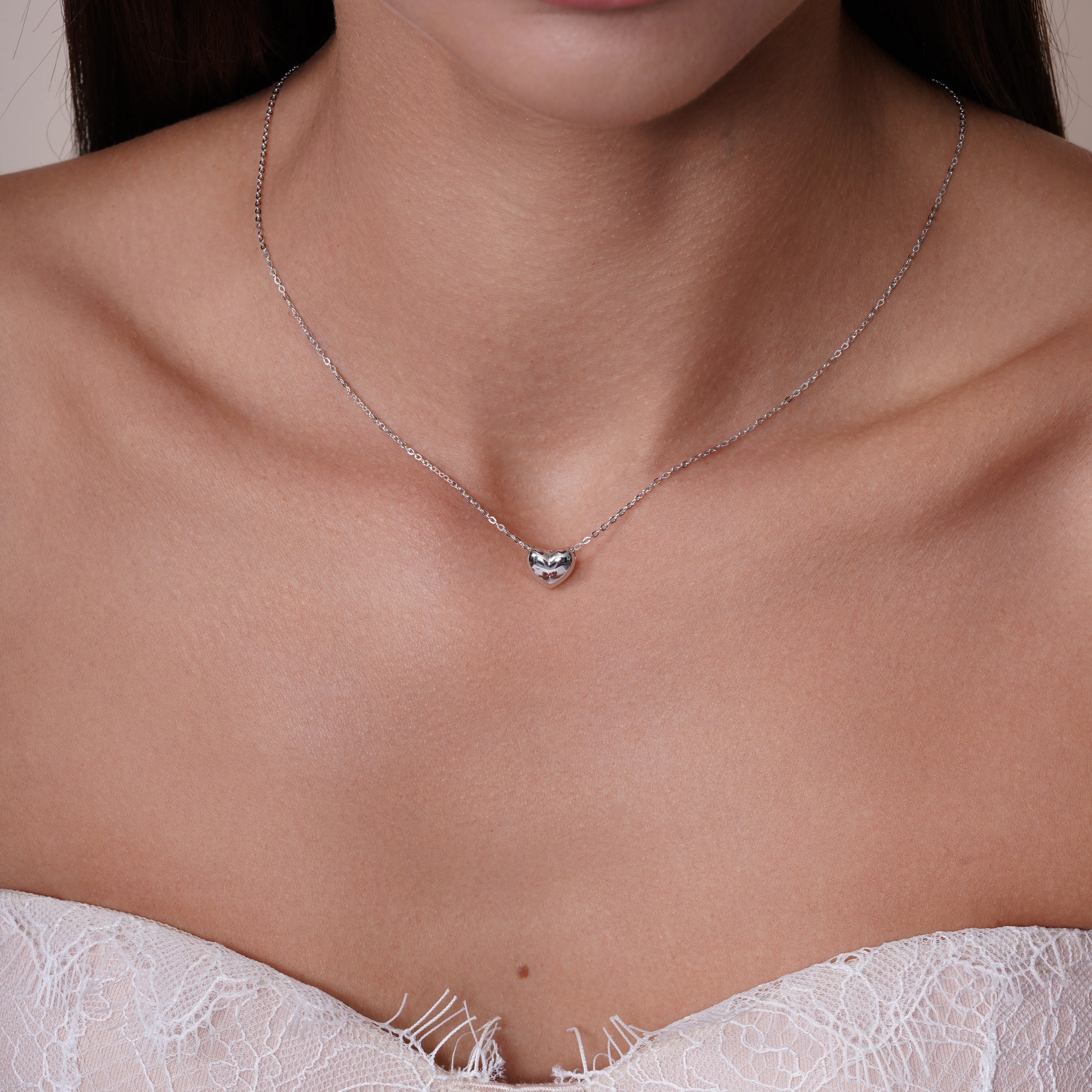 Rhodium Plated 925 Sterling Silver 9.6mm x 7.5mm Heart Adjustable Necklace - TGN00001 - Image 2
