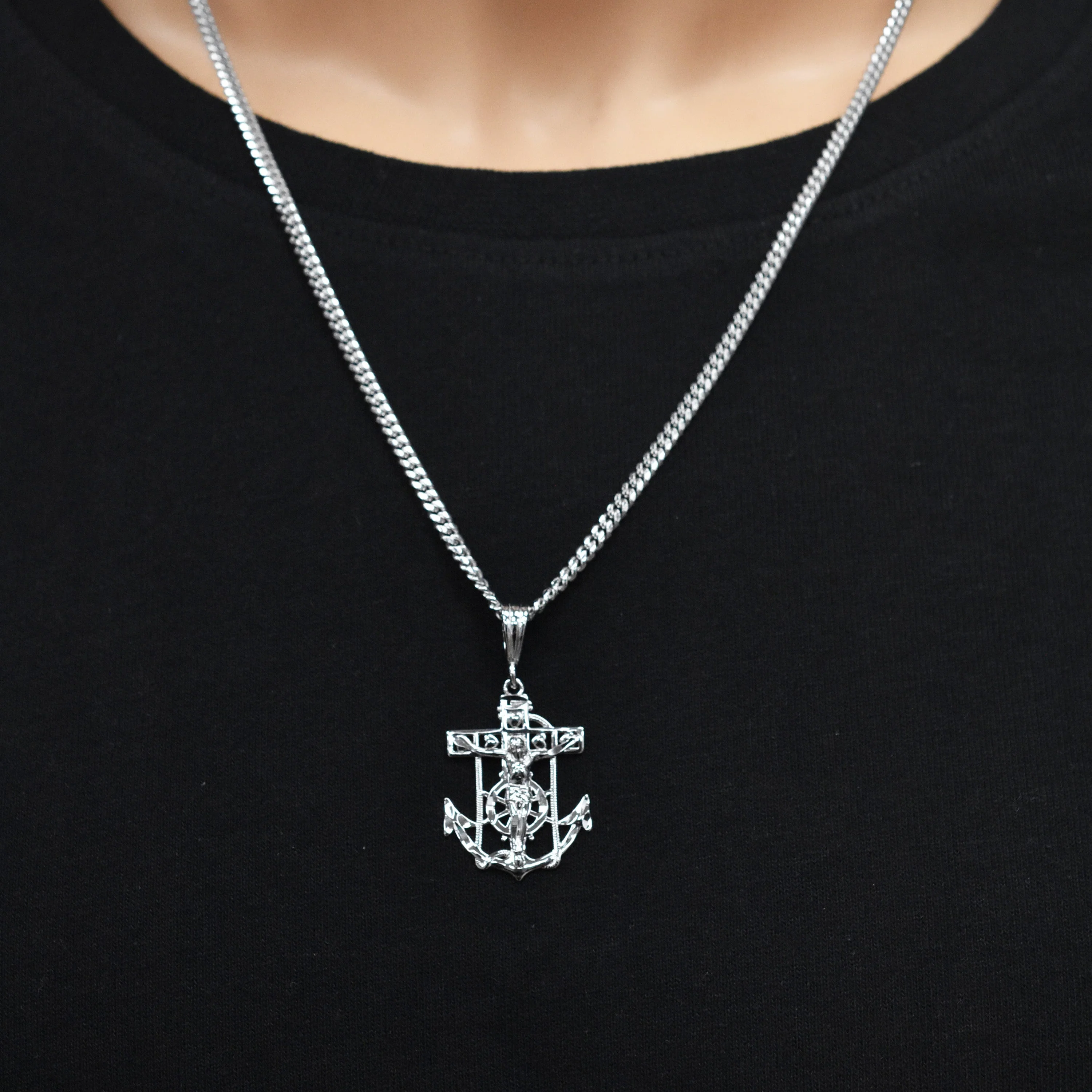 Rhodium Plated 925 Sterling Silver Anchor Crucifix Nautical 20mm x 28mm Pendant - SLP00474 - Image 2