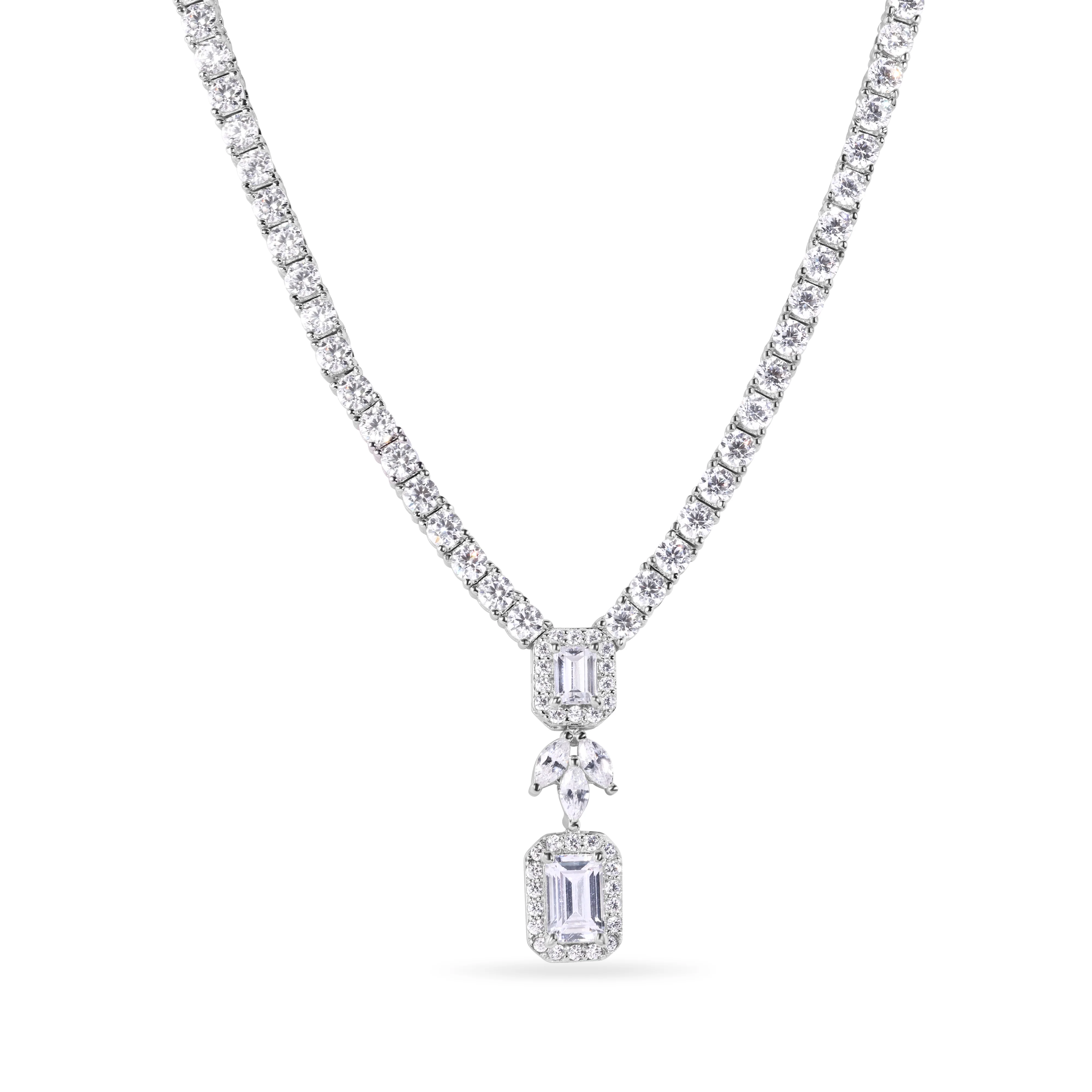 Rhodium Plated 925 Sterling Silver Baguette Center Stone Clear CZ Tennis 2.6mm Necklace Bracelet and Dangling Earring Bridal Set - GMS00030 - Image 8