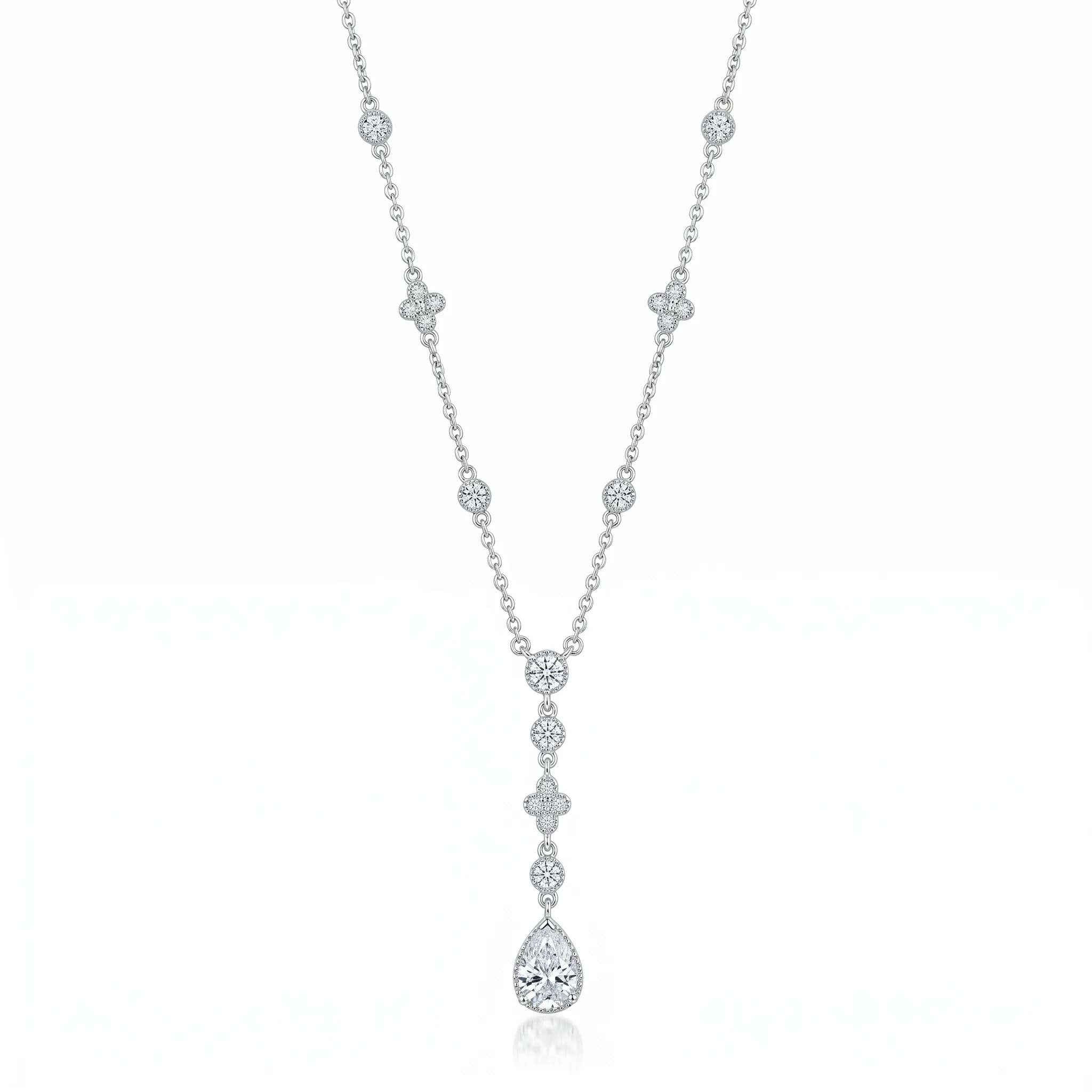Rhodium Plated 925 Sterling Silver Bezel & Teardrop Dangle Necklace - STP00911