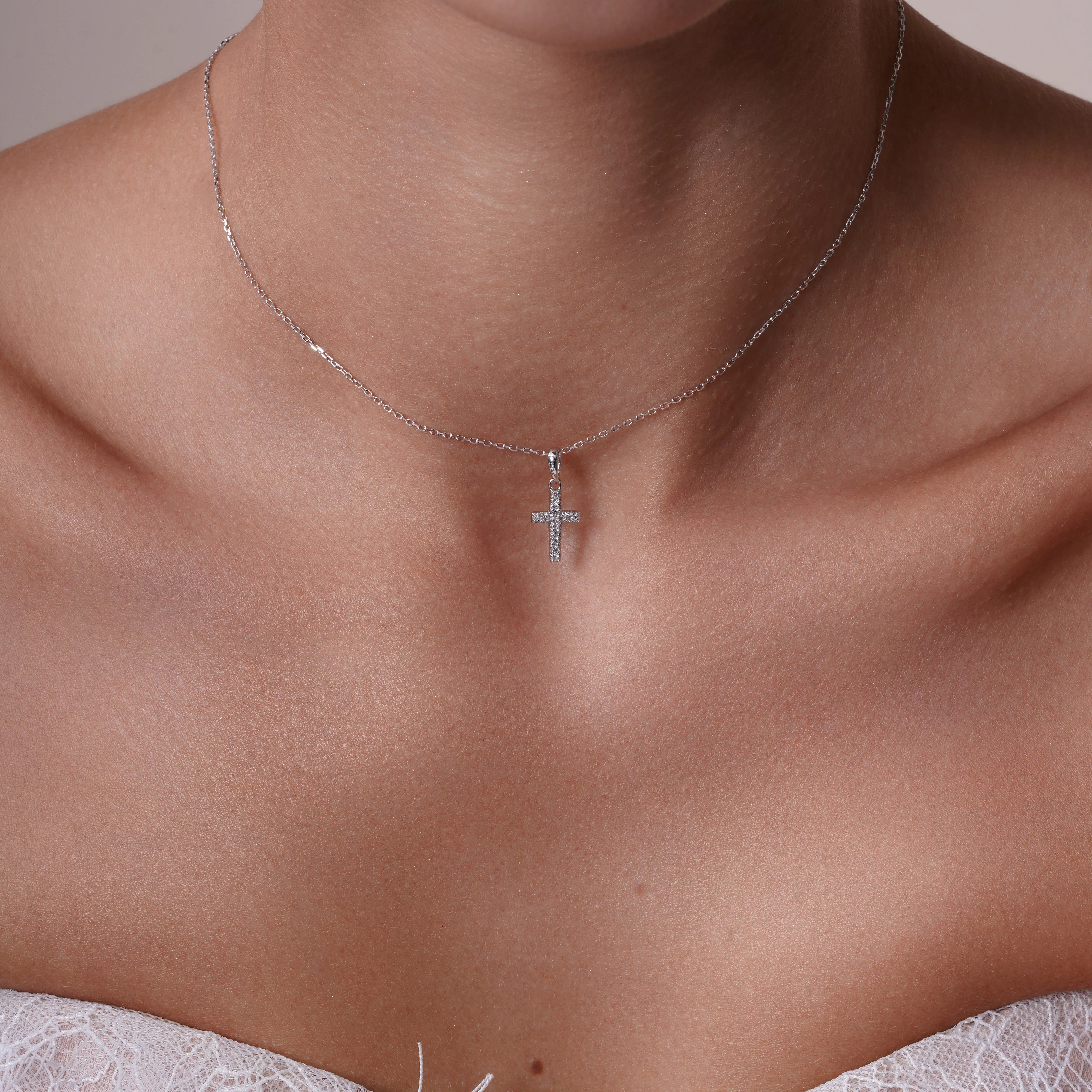 Rhodium Plated 925 Sterling Silver Dainty Lab Grown Diamond Cross Necklace - LGMN00010 - Image 2