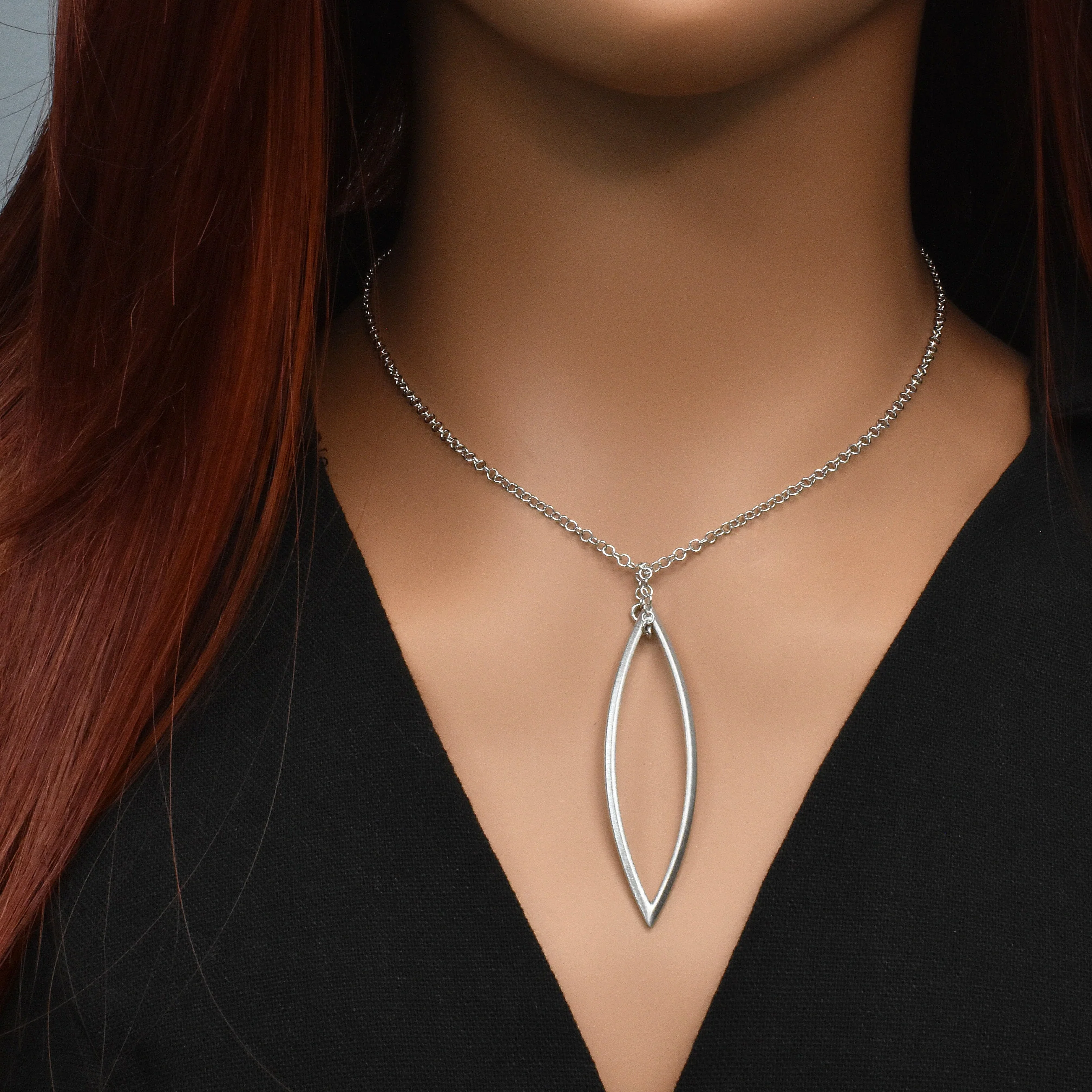 Rhodium Plated 925 Sterling Silver Large Cut Out  Almond Dangle Necklace - SPN00032 - Image 2