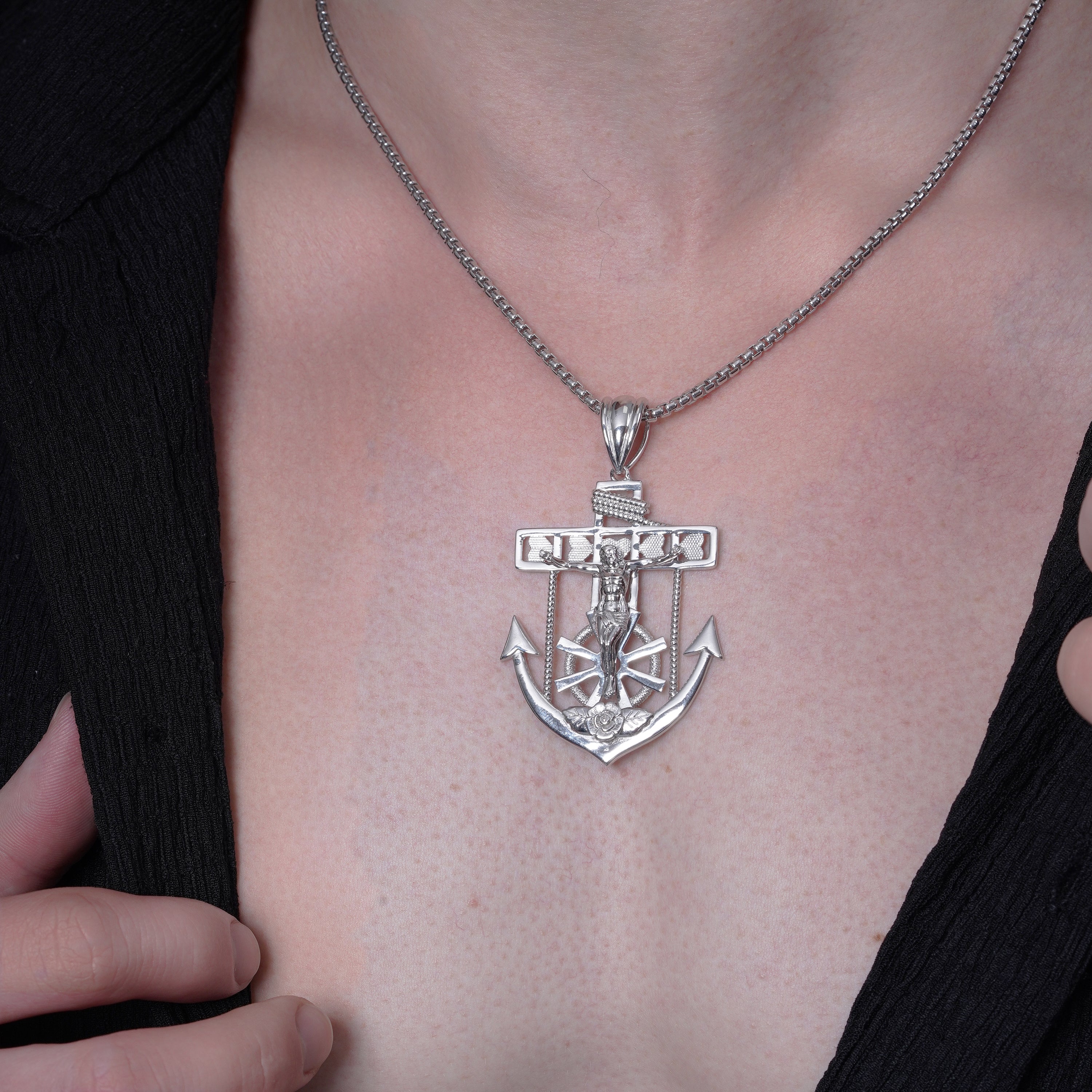Rhodium Plated 925 Sterling Silver Mariner Anchor Cross 40.1mm x 51.7mm Pendant - GMP00178 - Image 2