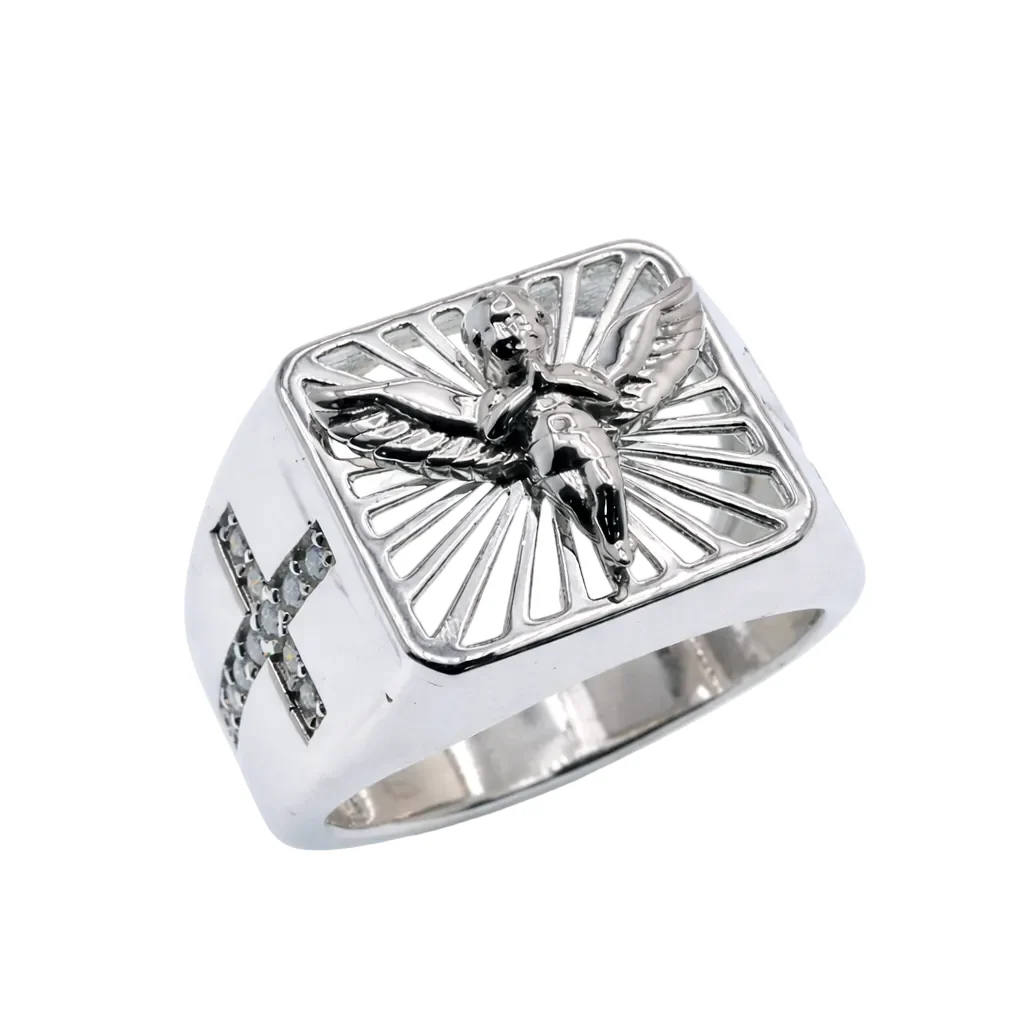 Rhodium Plated 925 Sterling Silver Men's Moissanite Angel Radiant Signet Cross Accent Ring - MGMR00048
