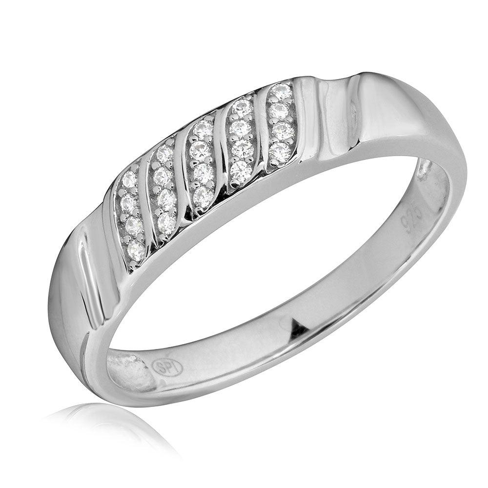 Rhodium Plated 925 Sterling Silver Men's Moissanite or CZ Sideways Stone Design Wedding Ring - MGMR00165 | GMR00165