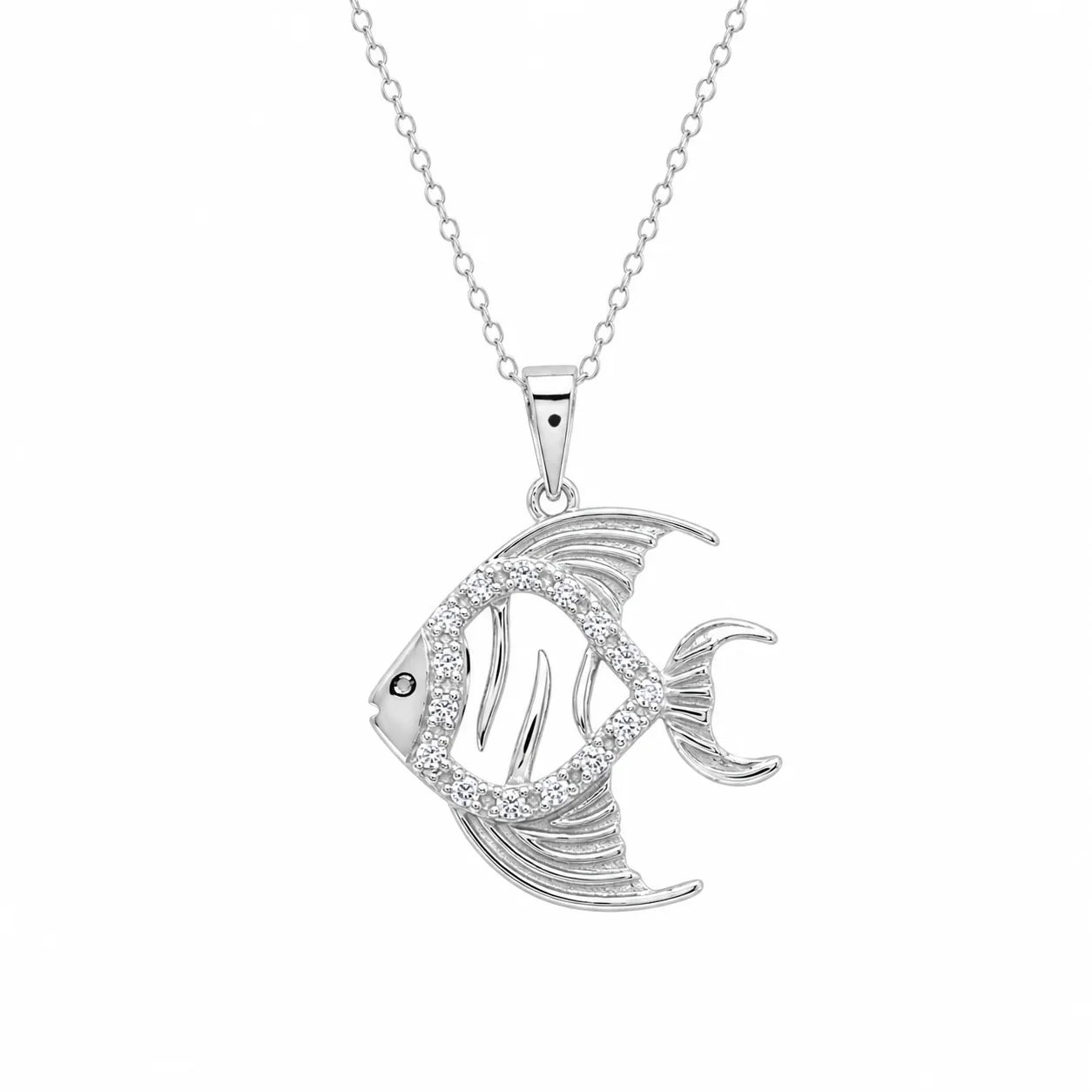 Rhodium Plated 925 Sterling Silver Micro Pave CZ Fish Pendant Necklace - BGP00682