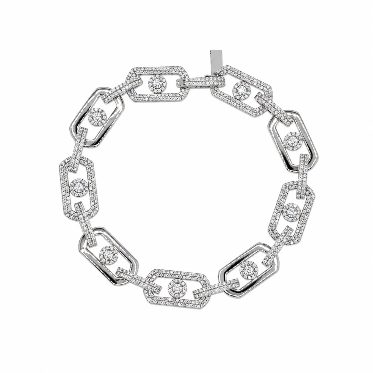 Rhodium Plated 925 Sterling Silver Moissanite Geometric Alternating Link Pave 10.8mm Necklace - MGMB00112