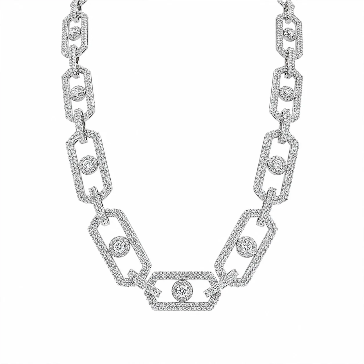 Rhodium Plated 925 Sterling Silver Moissanite Geometric Link Pave 11mm Necklace - MGMN00009