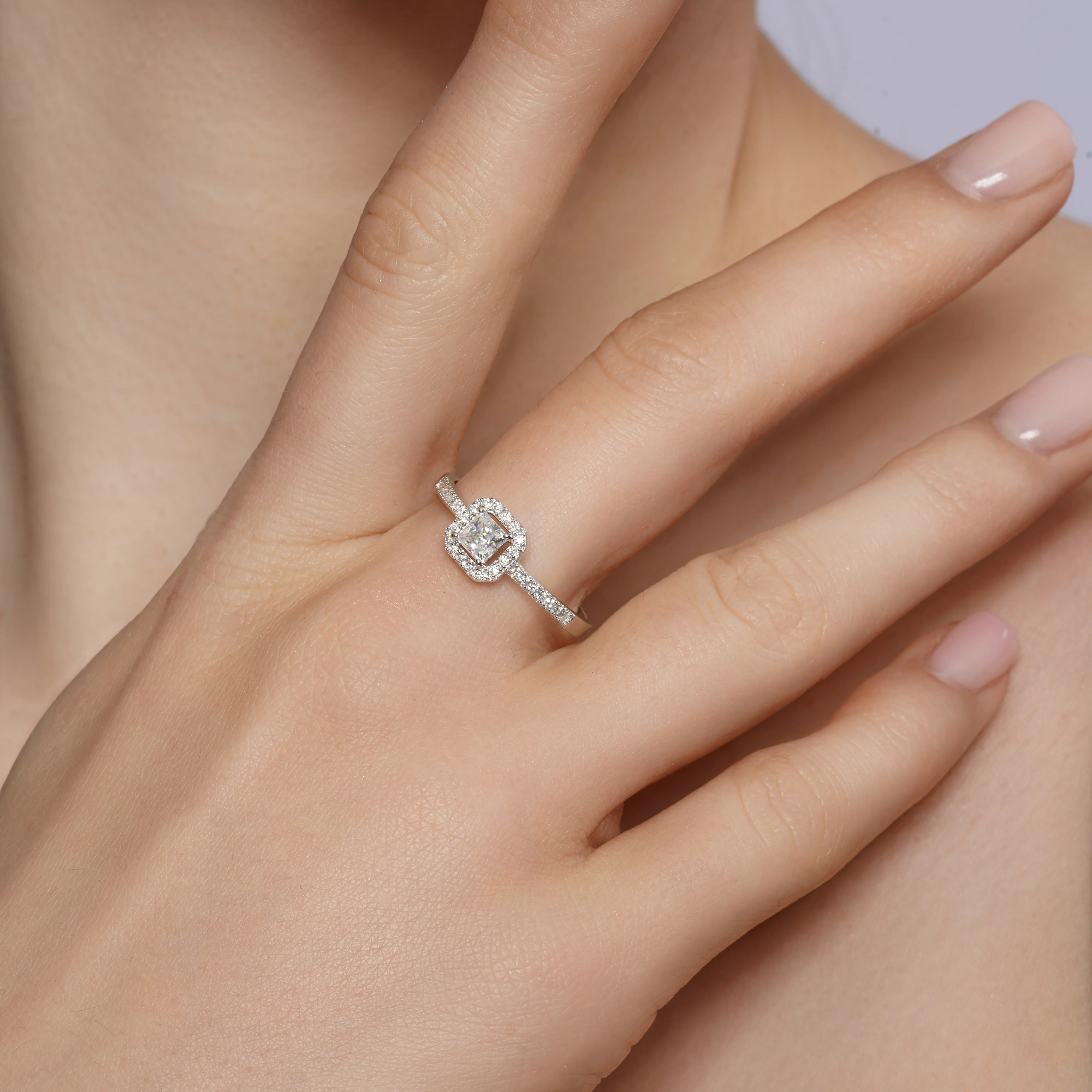 Rhodium Plated 925 Sterling Silver Moissanite Halo Setting Pave Ring - MGMR00058 - Image 2