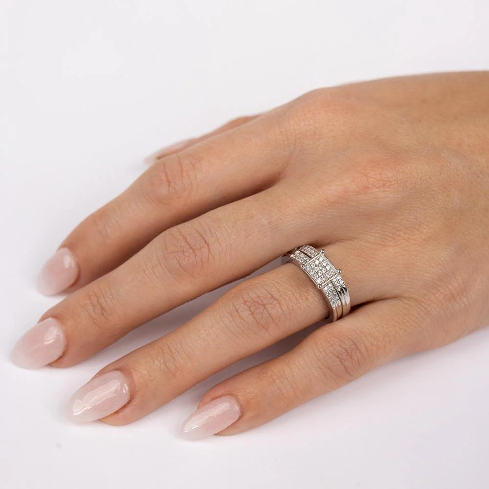 Rhodium Plated 925 Sterling Silver Moissanite or CZ Square Pave Center Trio Bridal Ring - MGMR00170 | GMR00170 - Image 3