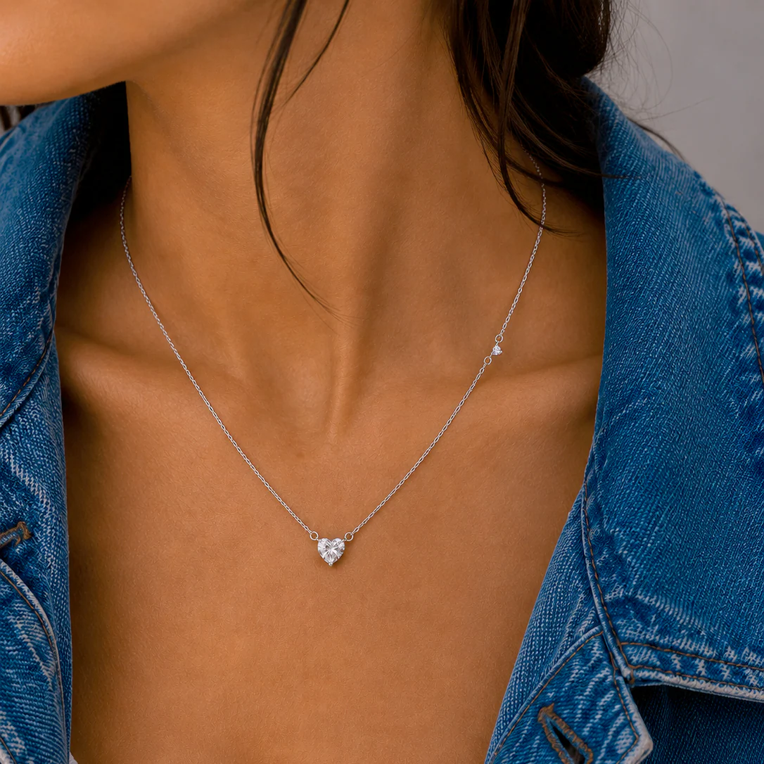 Rhodium Plated 925 Sterling Silver Moissanite Stone Heart with Side Stone Accent Necklace - MGMN00029 - Image 2
