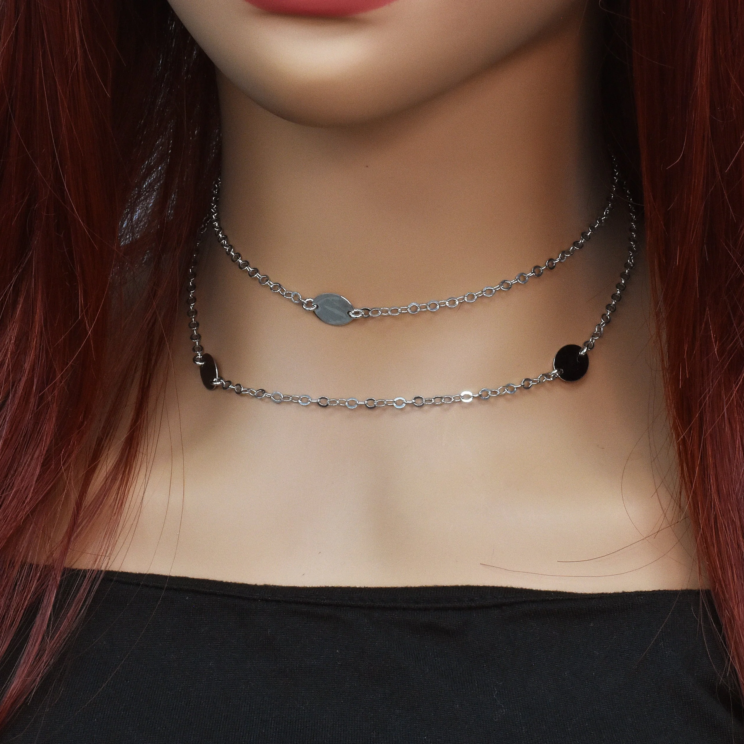 Rhodium Plated 925 Sterling Silver Multi Disc Rolo Lariat Necklace - SPN00033 - Image 2