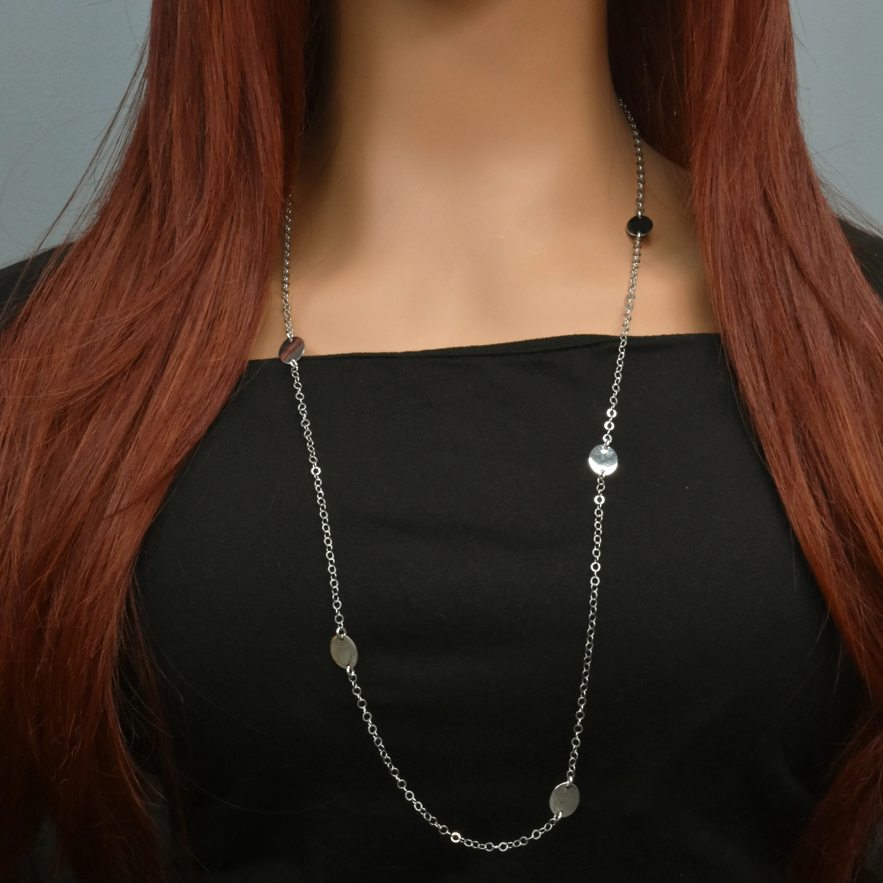 Rhodium Plated 925 Sterling Silver Multi Disc Rolo Lariat Necklace - SPN00033 - Image 3