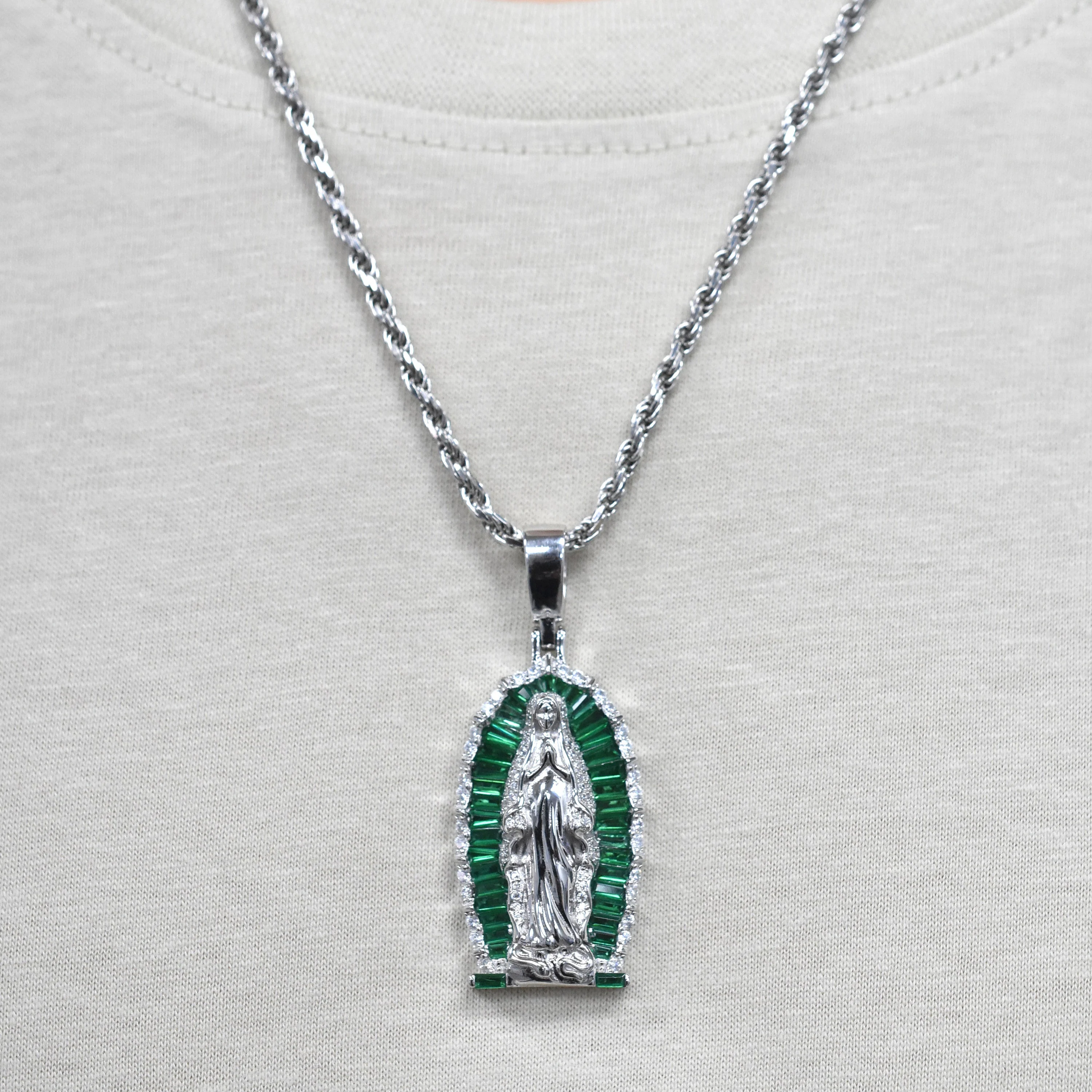 Rhodium Plated 925 Sterling Silver Our Lady of Guadalupe Green Baguette and Round Clear CZ 21mm x 35mm Pendant - SLP00485 - Image 2