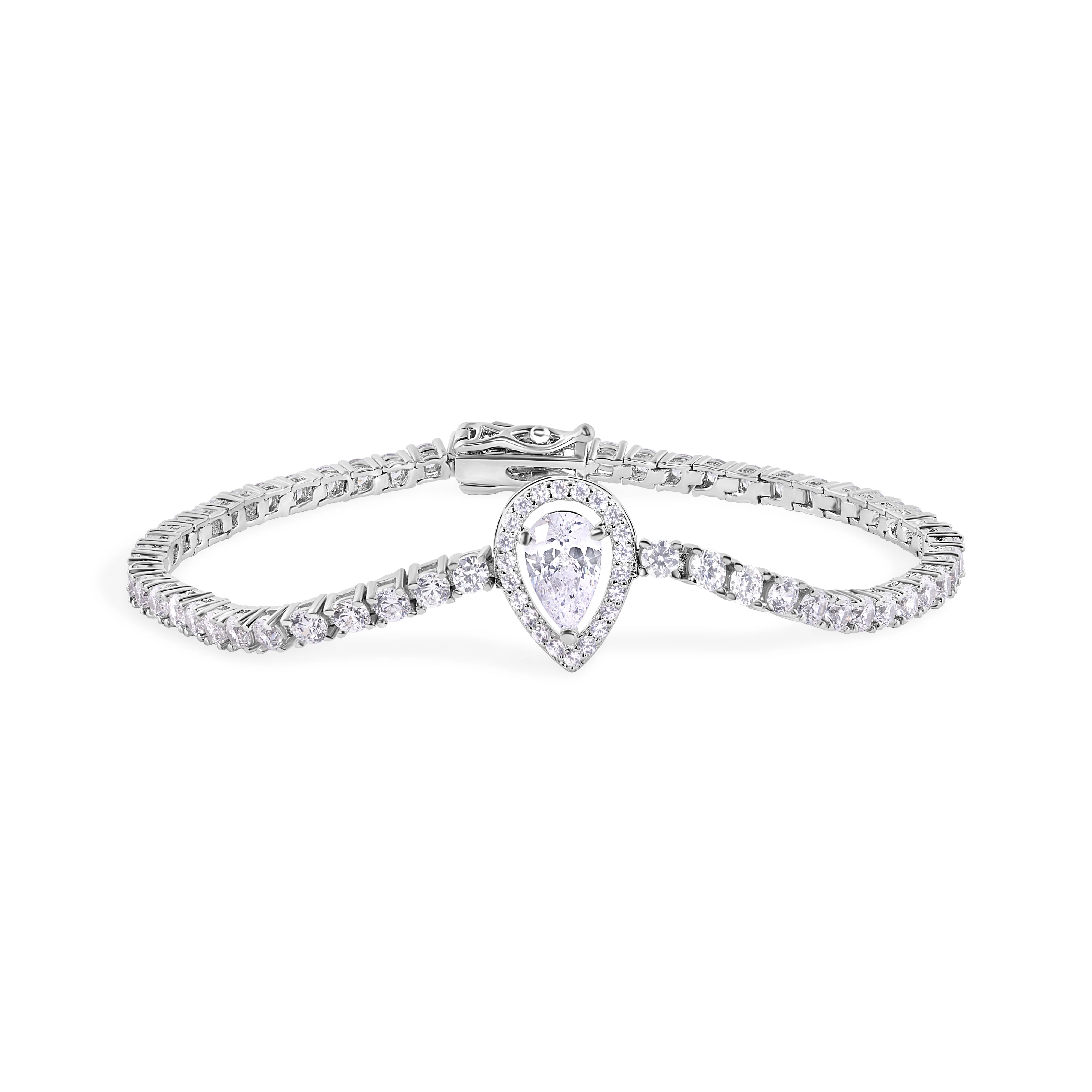Rhodium Plated 925 Sterling Silver Pear Cut Center Stone Clear CZ Tennis 2.6mm Necklace Bracelet and Dangling Earring Bridal Set - GMS00032 - Image 5
