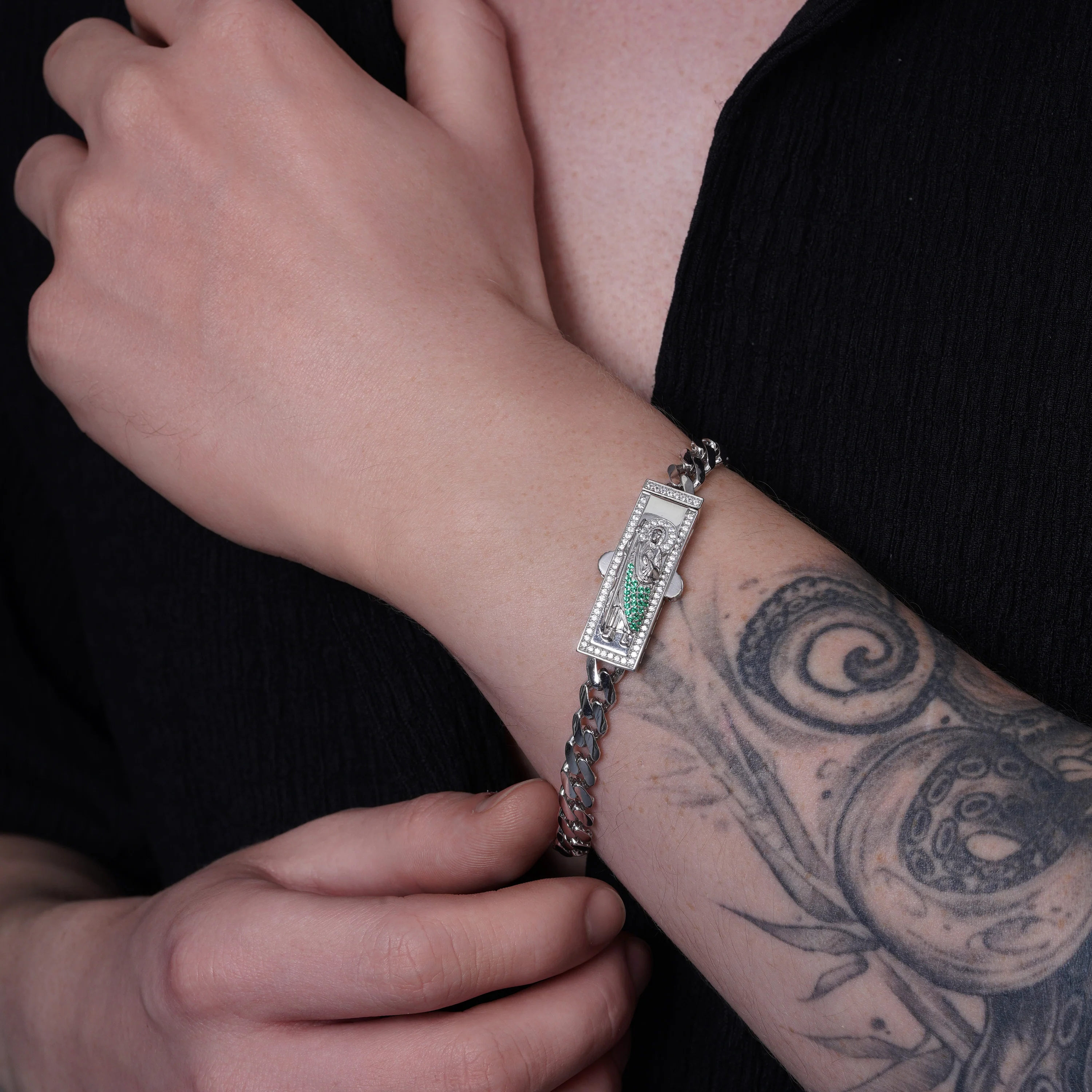 Rhodium Plated 925 Sterling Silver Rectangle St Jude Cuban 6.5mm Clear CZ Bracelet - GMB00146 - Image 2