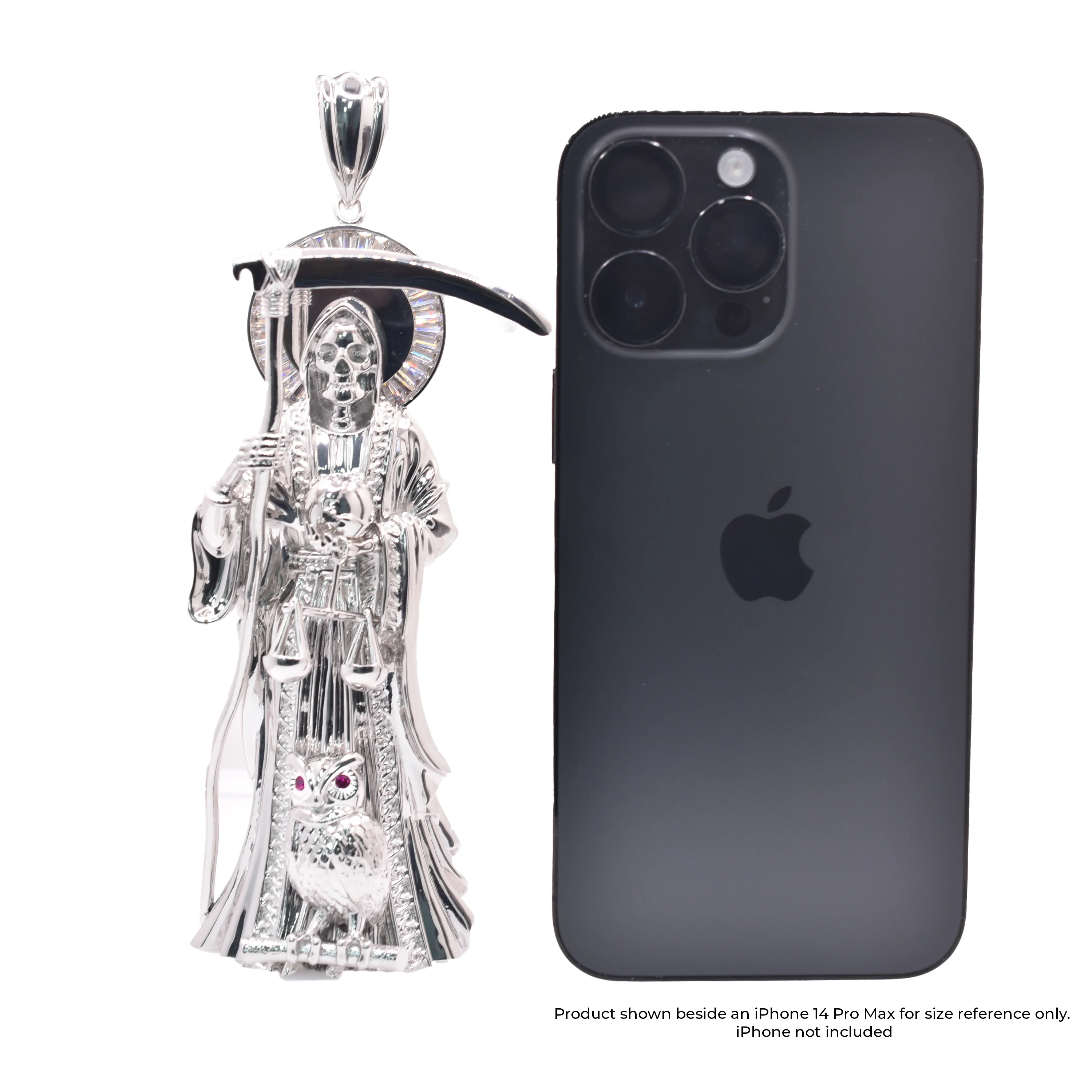 Rhodium Plated 925 Sterling Silver Santa Muerte Baguette Clear CZ 51mm x 140mm Pendant - GMP00195 - Image 3