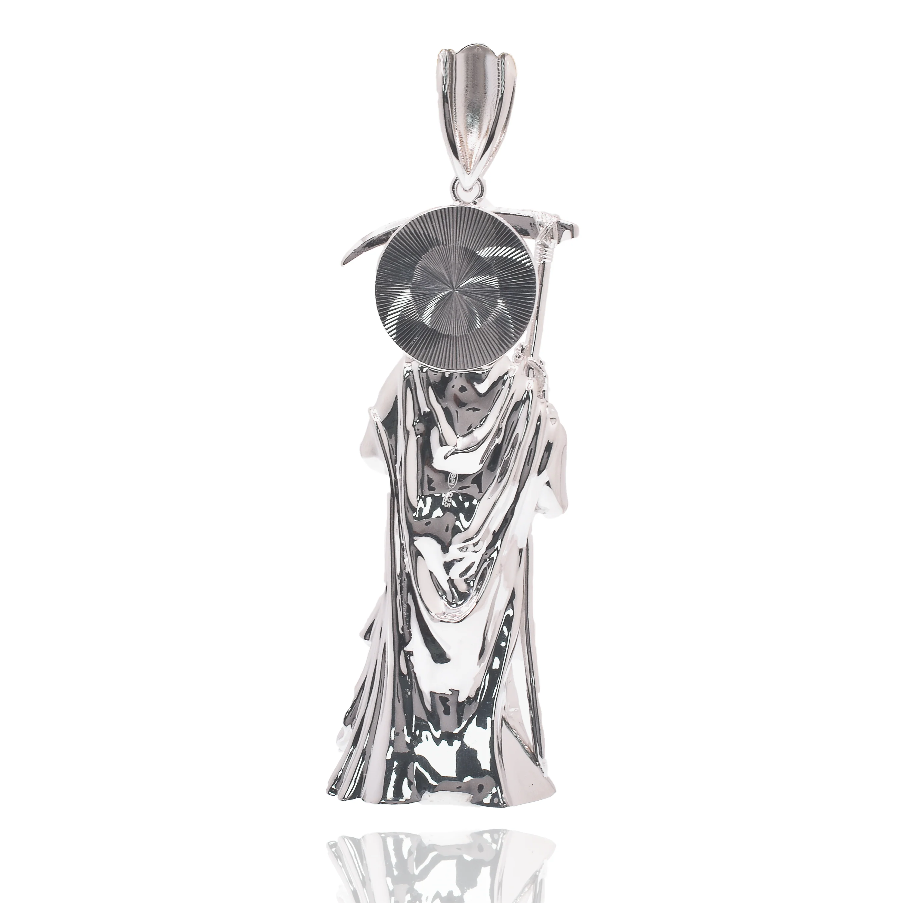 Rhodium Plated 925 Sterling Silver Santa Muerte Baguette Clear CZ 51mm x 140mm Pendant - GMP00195 - Image 4