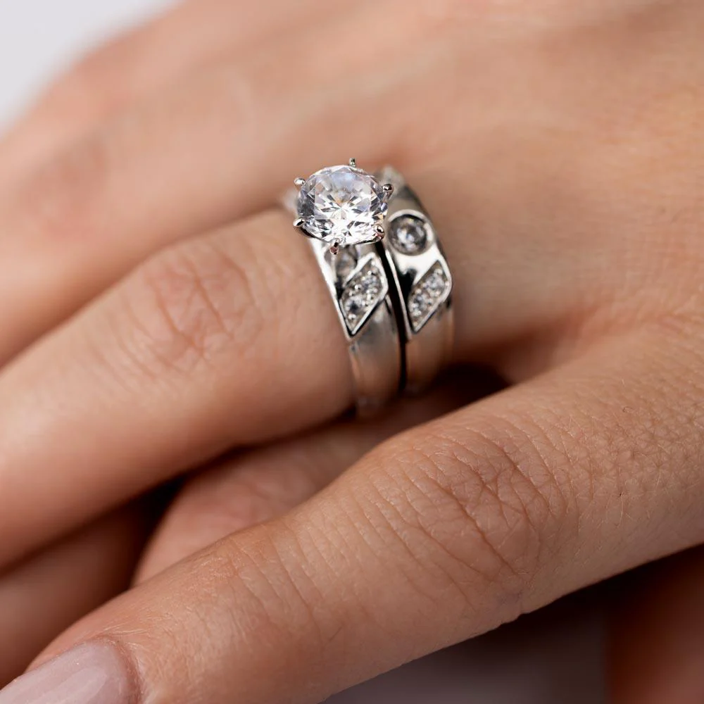 Rhodium Plated 925 Sterling Silver Moissanite or CZ Slash Trios Bridal Ring - MGMR00192 | GMR00192 - Image 2
