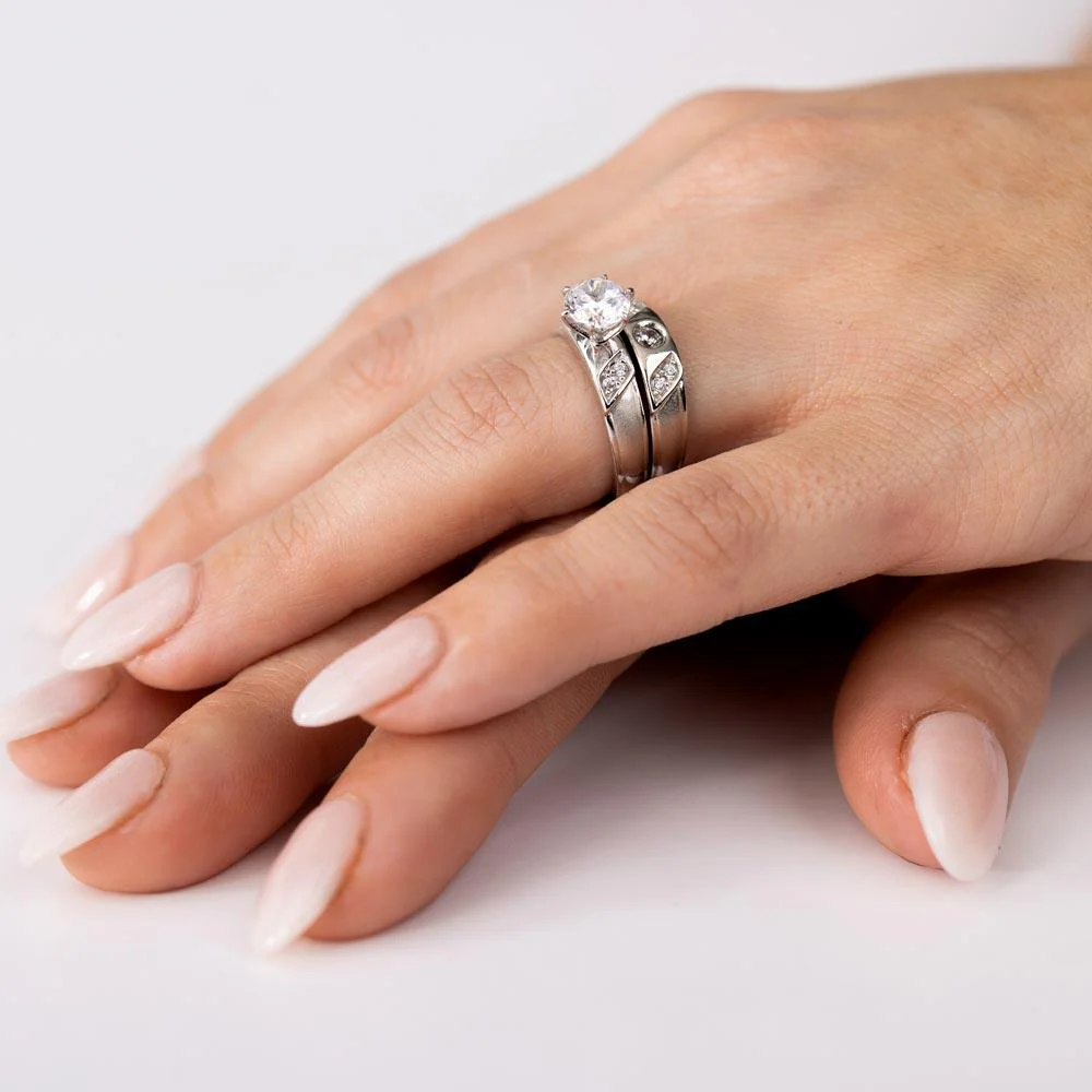 Rhodium Plated 925 Sterling Silver Moissanite or CZ Slash Trios Bridal Ring - MGMR00192 | GMR00192 - Image 3