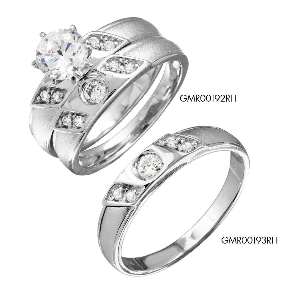 Rhodium Plated 925 Sterling Silver Moissanite or CZ Slash Trios Bridal Ring - MGMR00192 | GMR00192 - Image 5