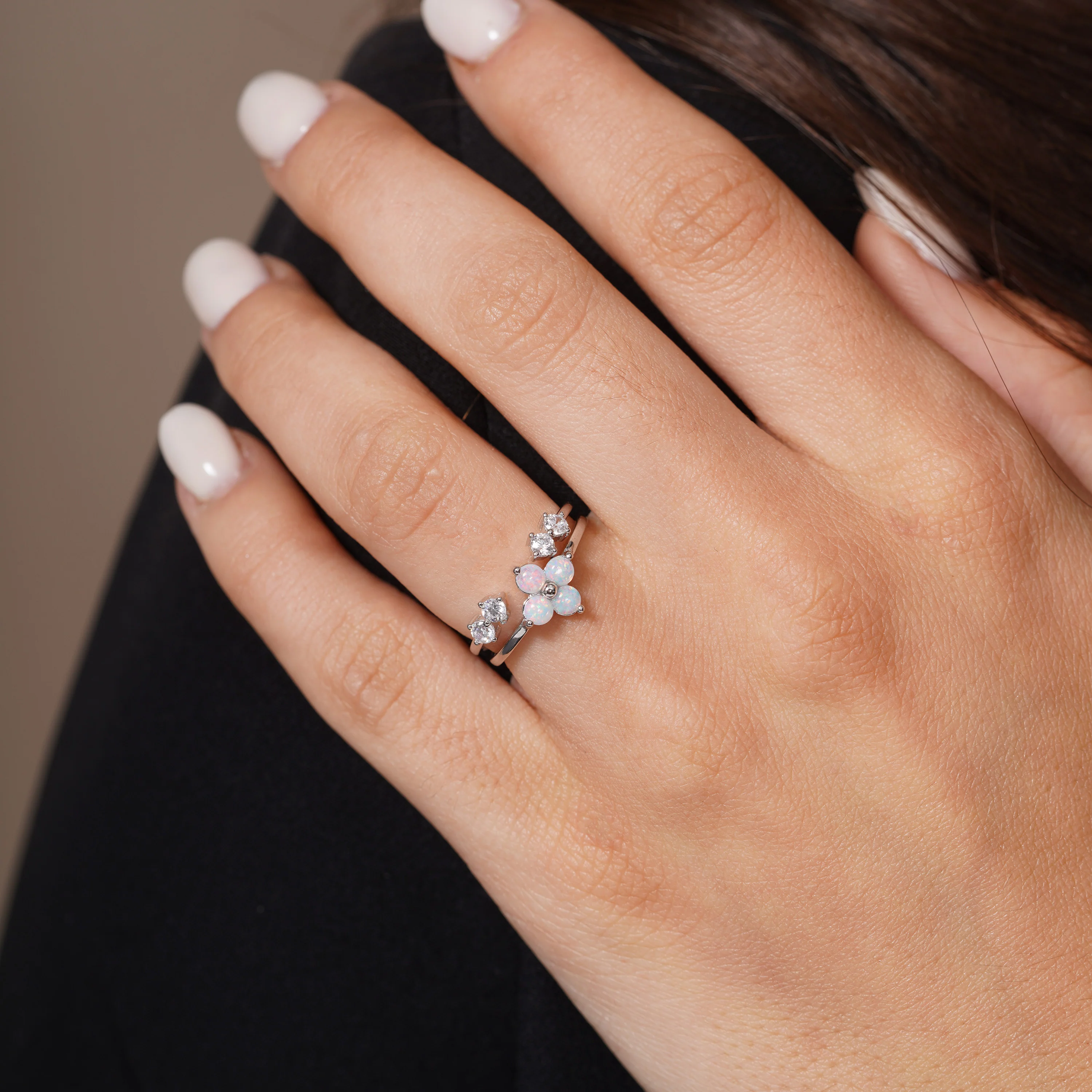 Rhodium Plated 925 Sterling Silver Synthetic Opal Clover And Open Bypass Clear CZ Ring Set - JTR00005 - Image 2